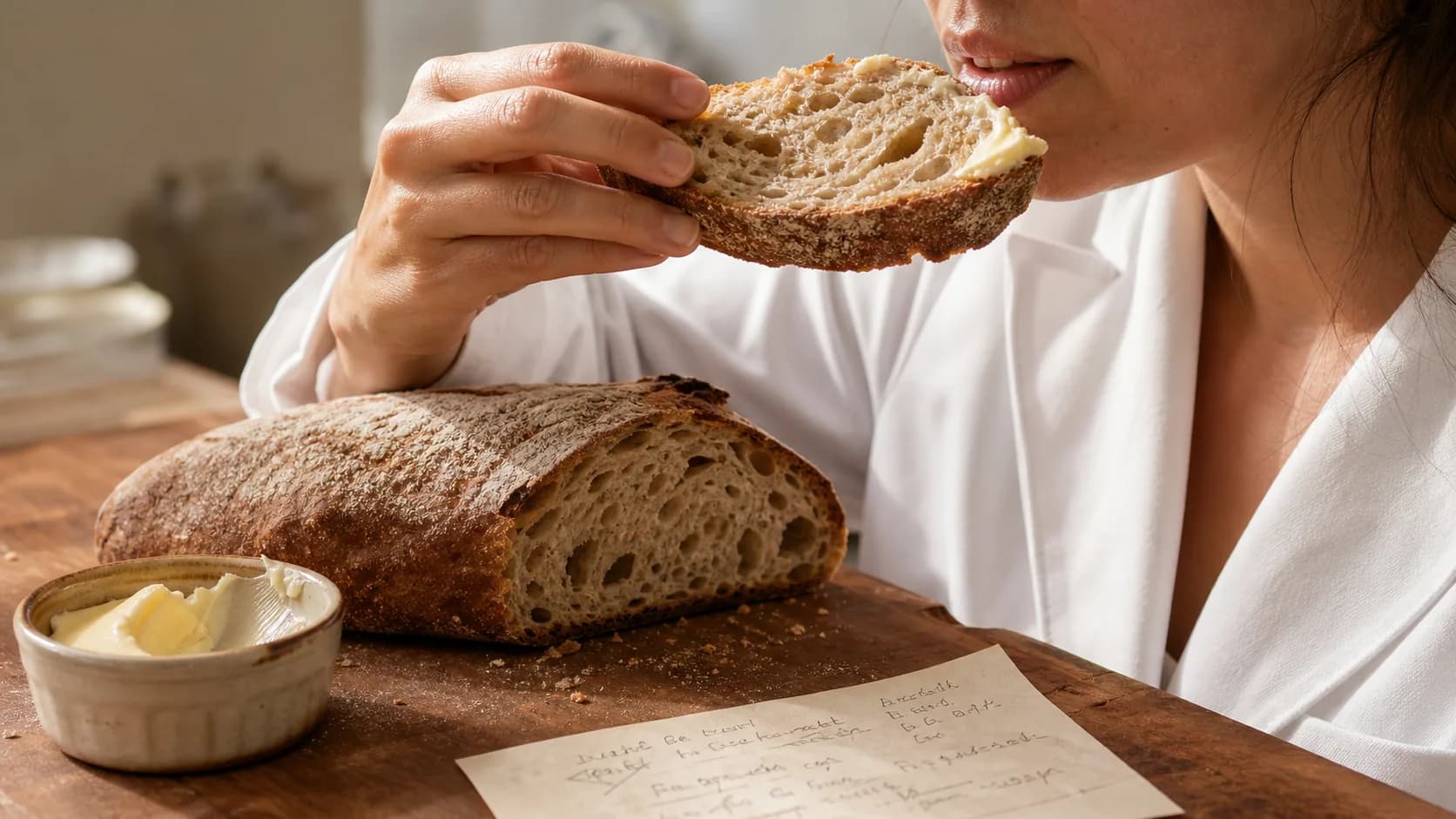 A sourdough slice lifted from a board for a tasting bite at the VKA Australia Southport application bench.