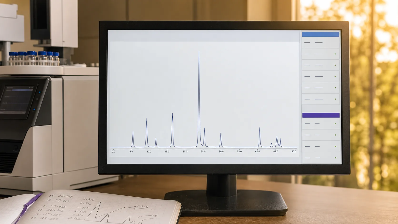 A GC-MS chromatogram on screen at the R&D bench, showing peaks from a flavour analysis run