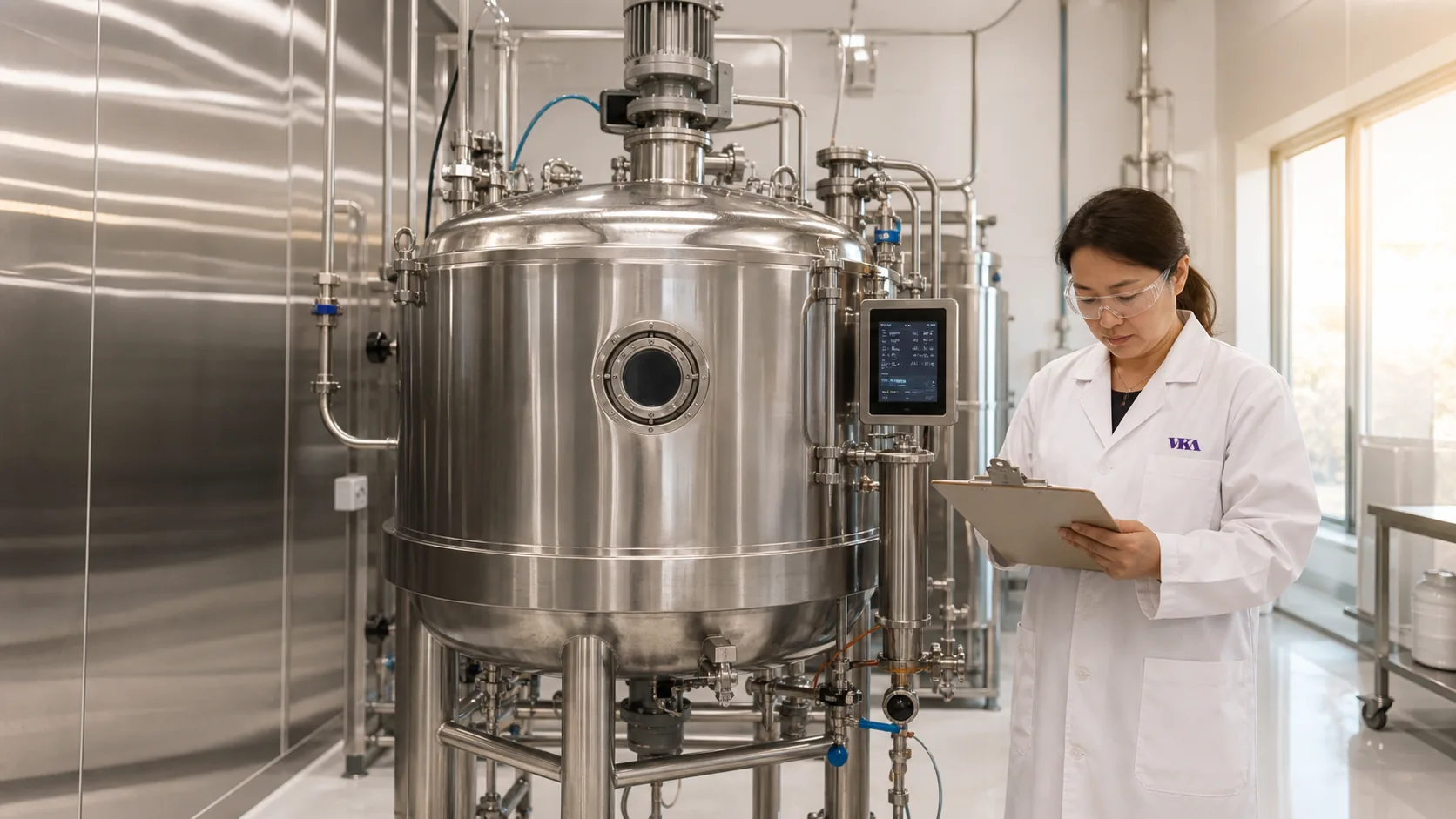 A polished stainless 200 L jacketed processing tank on the VKA Southport floor with a QC operator reading a clipboard beside it