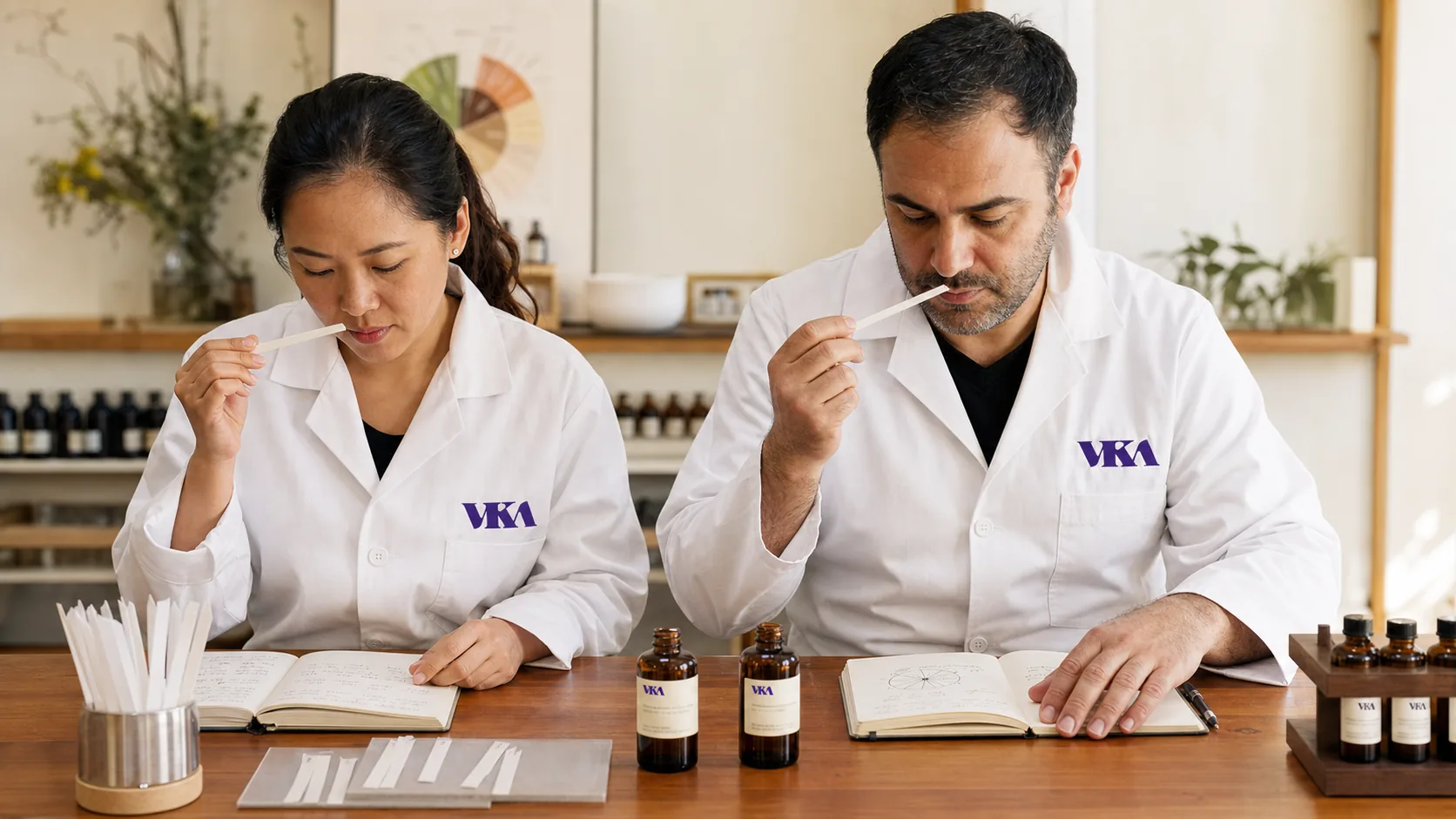 A flavourist on the VKA Southport bench, heads-down, mid aroma evaluation with a paper smelling strip held to her own nose