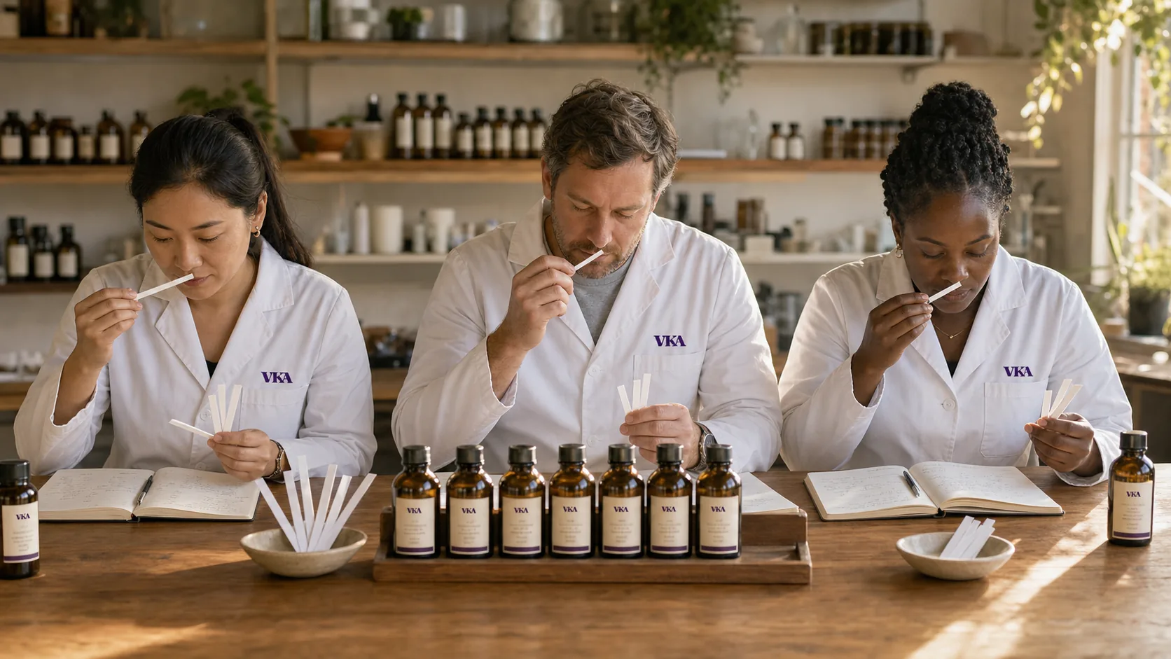 Three VKA Australia flavourists at the Southport sensory bench, each evaluating their own smelling strip independently.