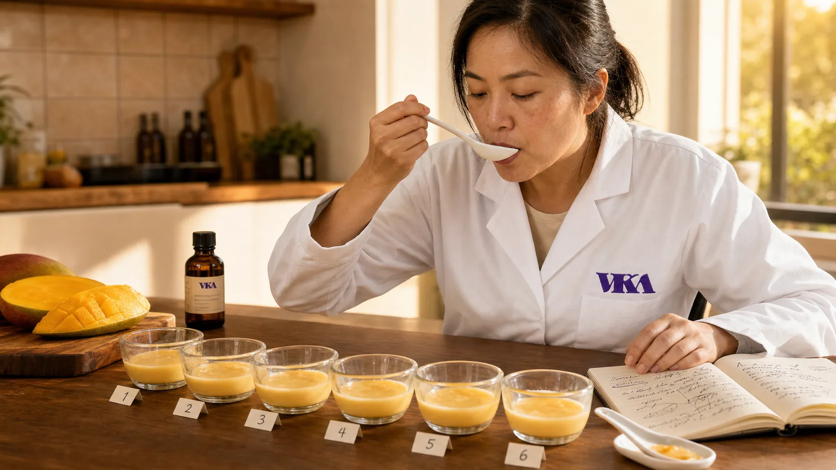 A custard tasting flight in small glass cups on the VKA Australia application bench, lined up for a flavour check.