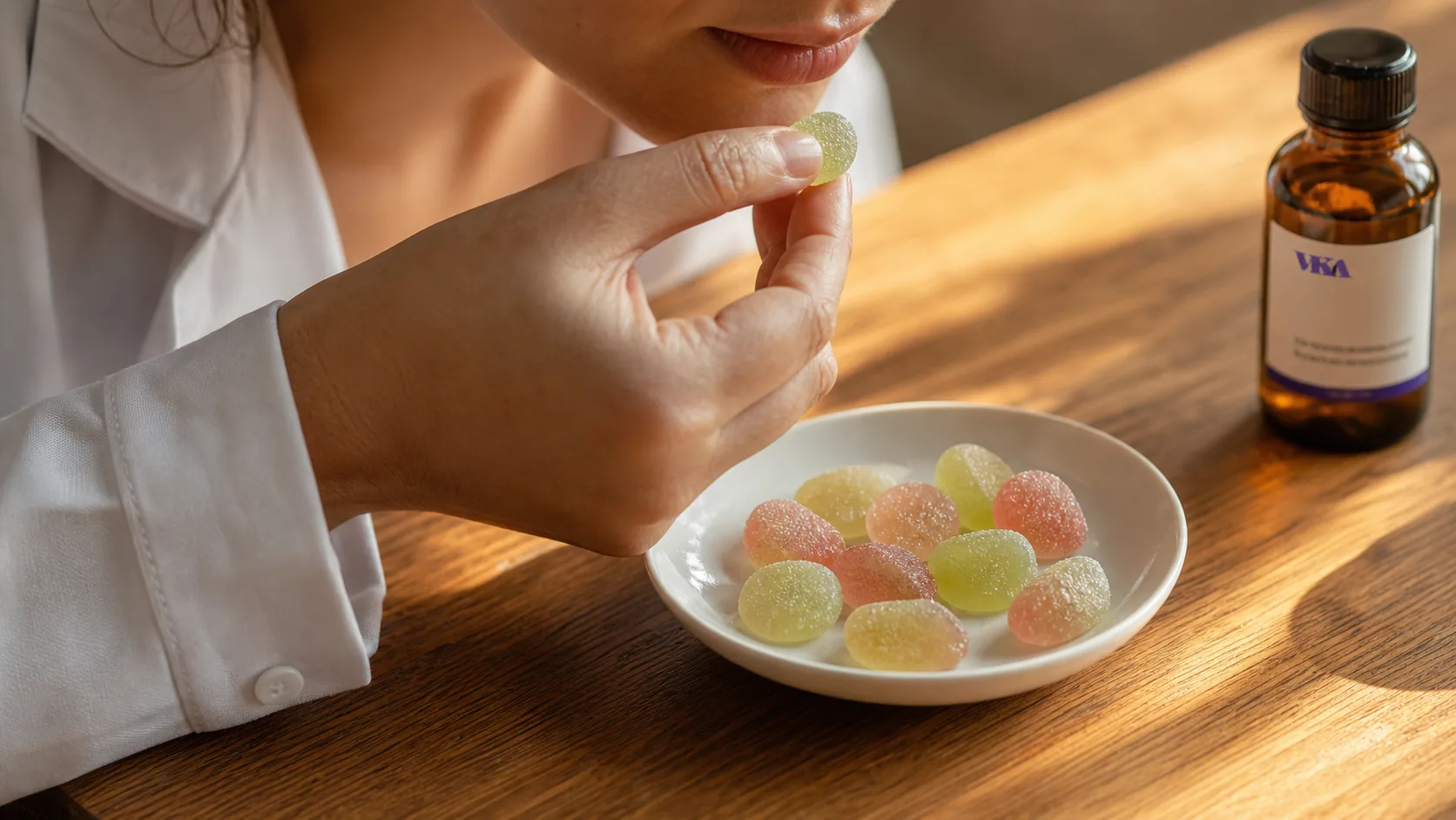 Coloured fruit gummies in a tasting dish on the VKA Australia application bench, checked for flavour release and finish.