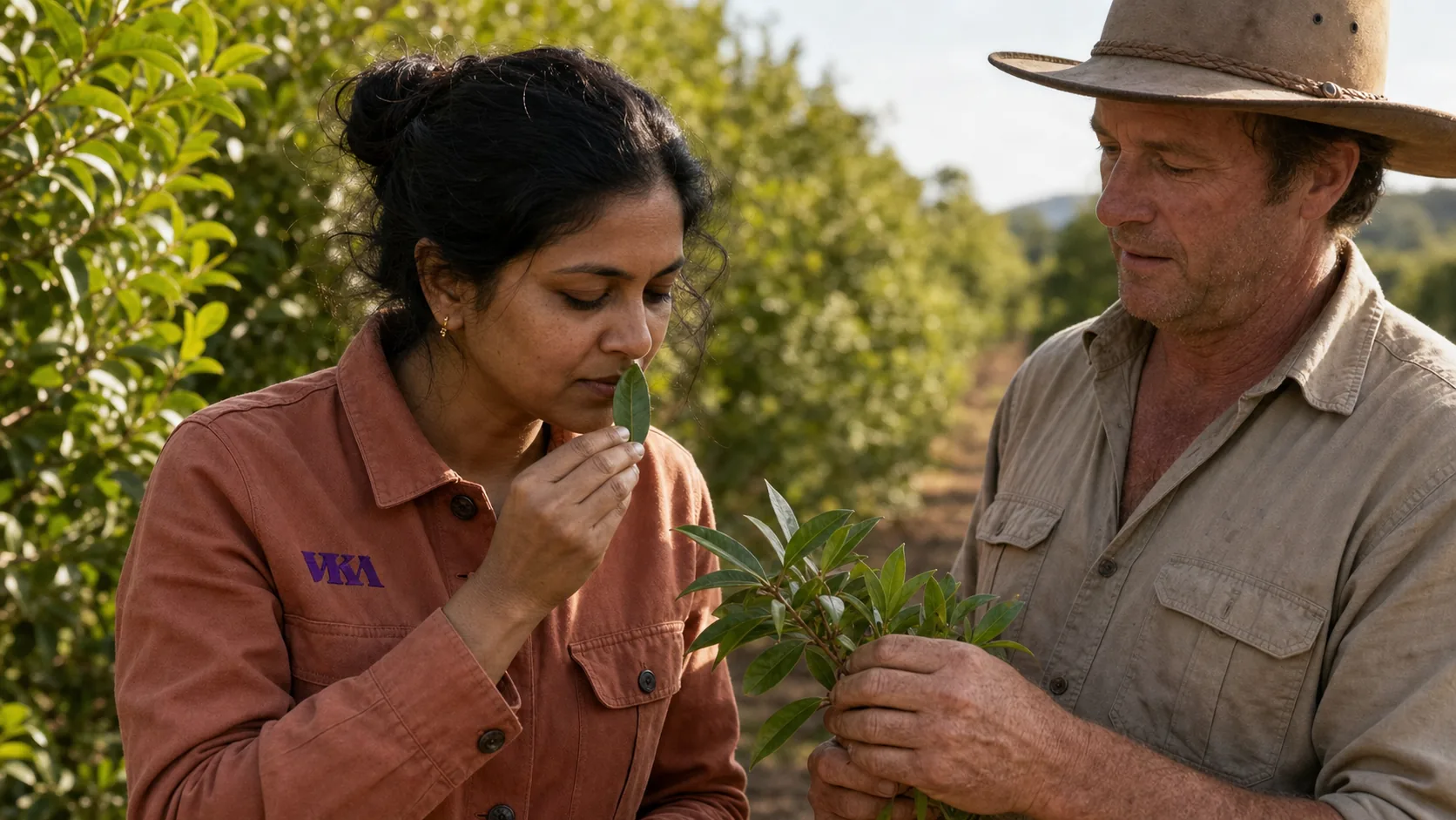 A grower in a Northern Rivers lemon myrtle plantation offering a fresh branch to a VKA Australia flavourist checking the aroma at source.