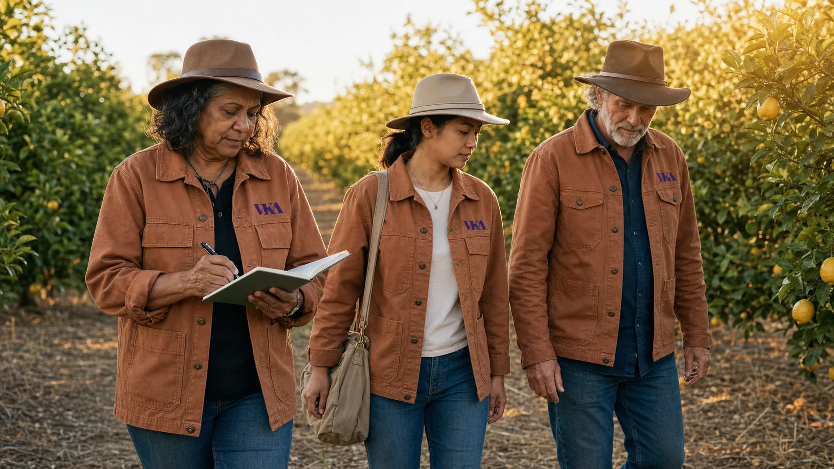 Three VKA Australia flavourists walking a sub-tropical Queensland citrus grove on a sourcing trek