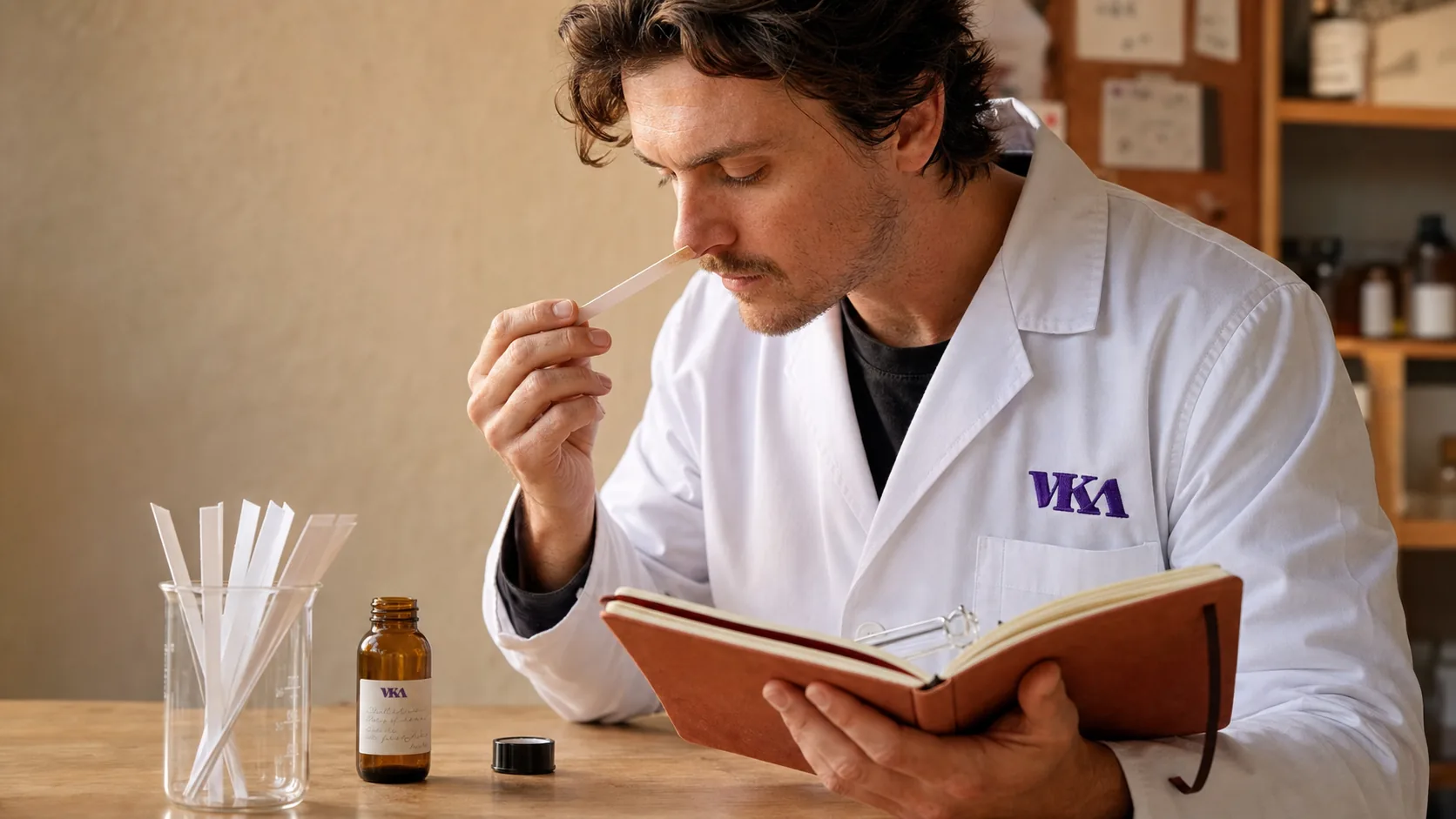 A VKA Australia flavourist evaluating a sample on a smelling strip, the moment a read gets called as it is