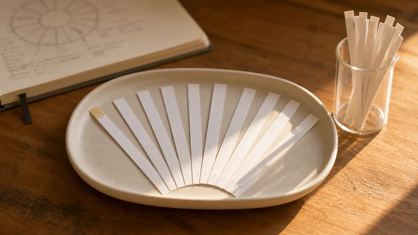 Fanned smelling strips in a ceramic tray at the VKA Australia bench in Southport, Queensland.