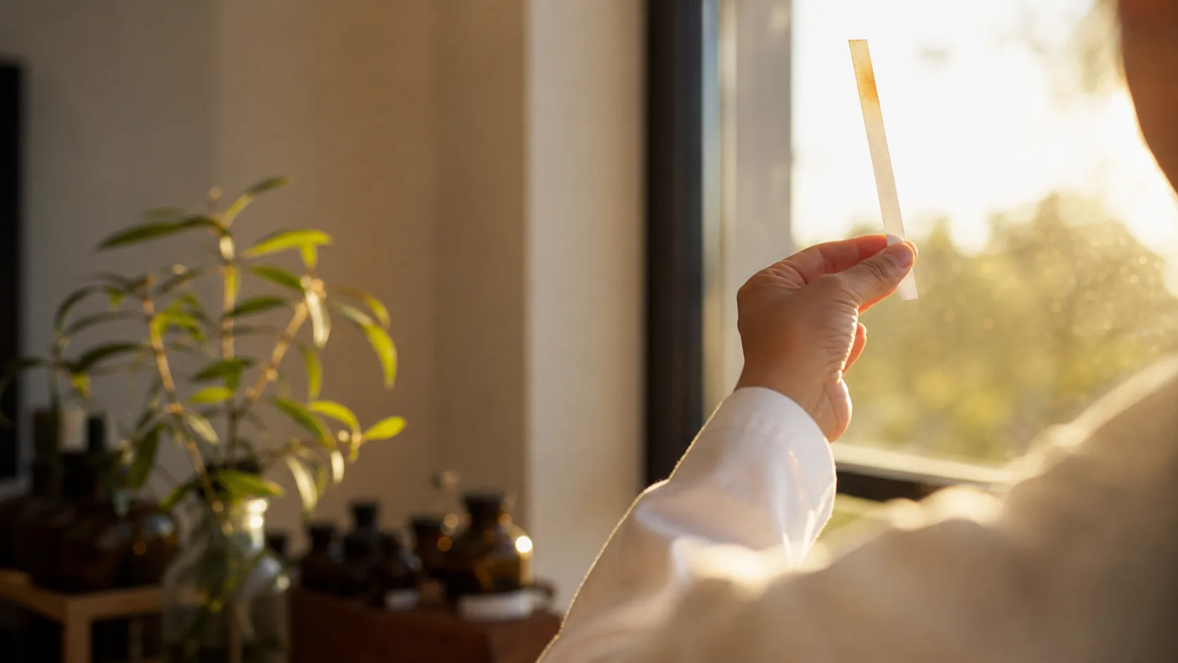 A flavourist holds a smelling strip to the window light, reading a top-note while calibrating a mask.