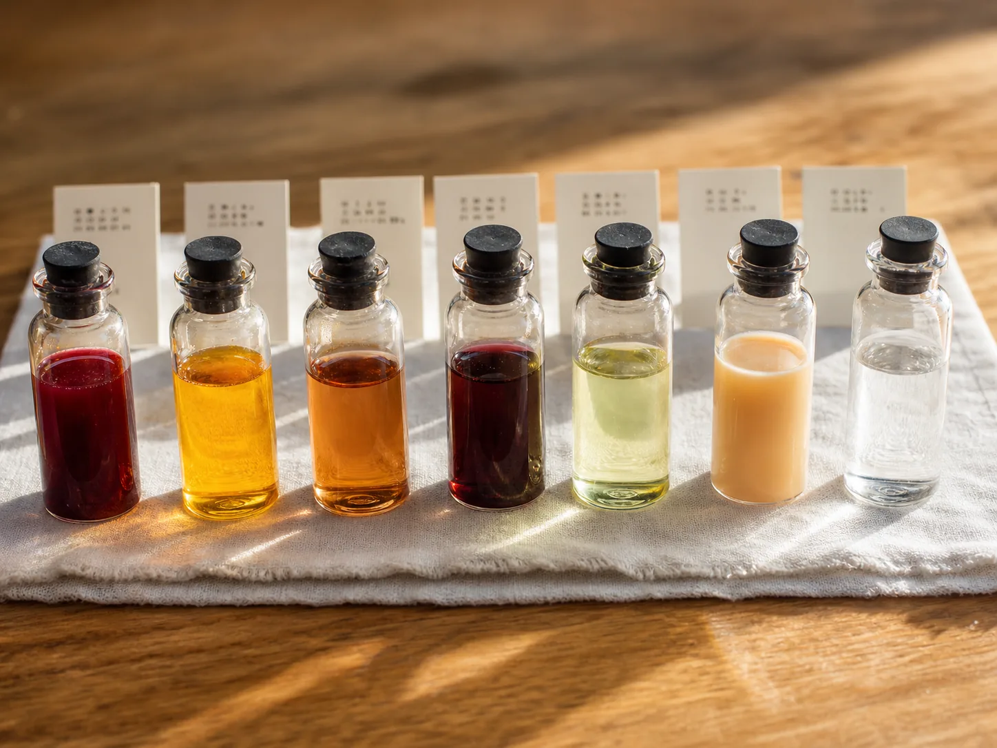 A row of liquid food-colour solutions in lab vials, from beetroot red to finger lime green.