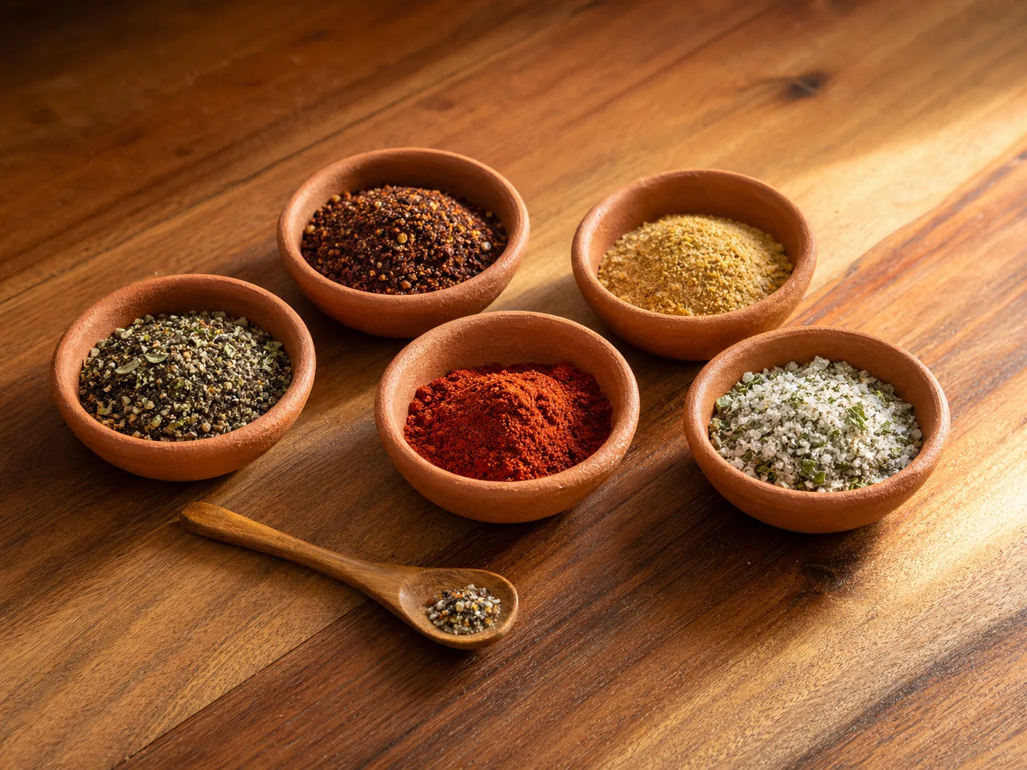 Five pinch bowls of savoury seasoning blends on the bench, including lemon myrtle, Tasmanian pepperberry and wattle seed.