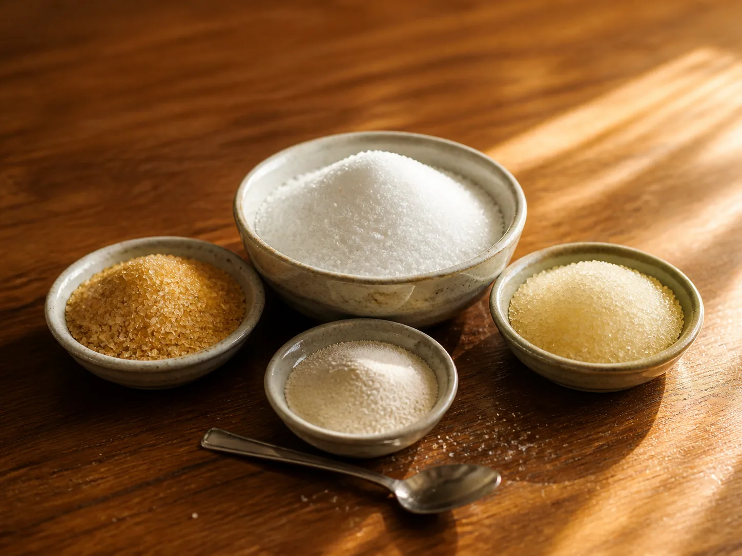 Four ceramic dishes of sweetener ingredients on the bench: cane sugar, raw sugar, polyol granules and high-intensity sweetener powder.