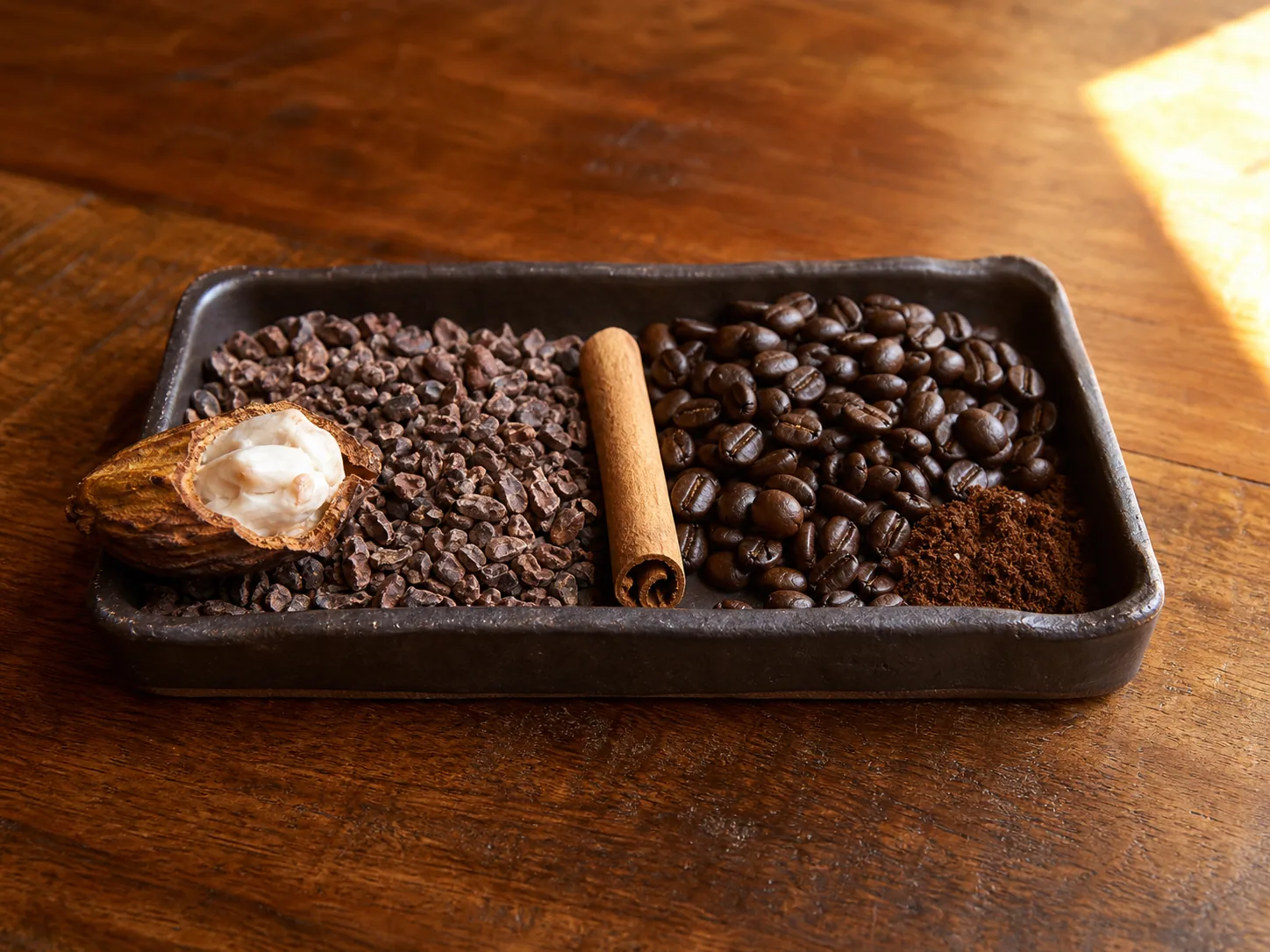 Dark cocoa nibs and roasted coffee beans on a bench tray, with a cinnamon stick across the centre.