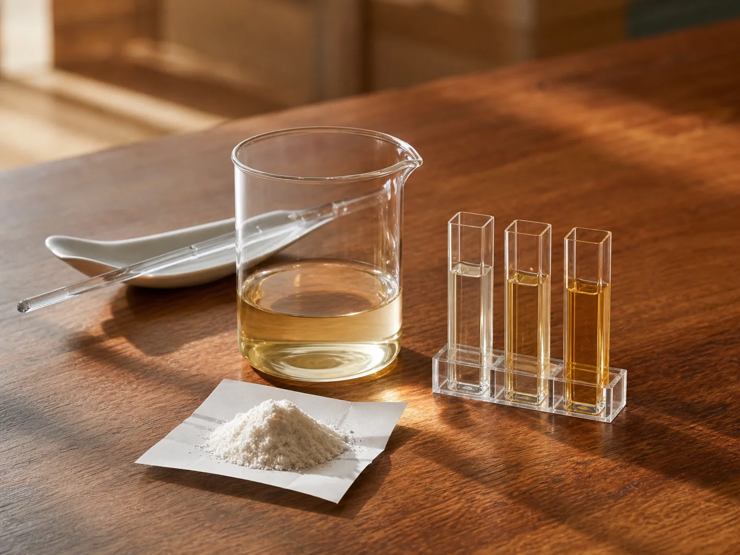 Masking-agent powder beside a pale-amber solution on the VKA Australia lab bench, with three sample cuvettes at different concentrations.
