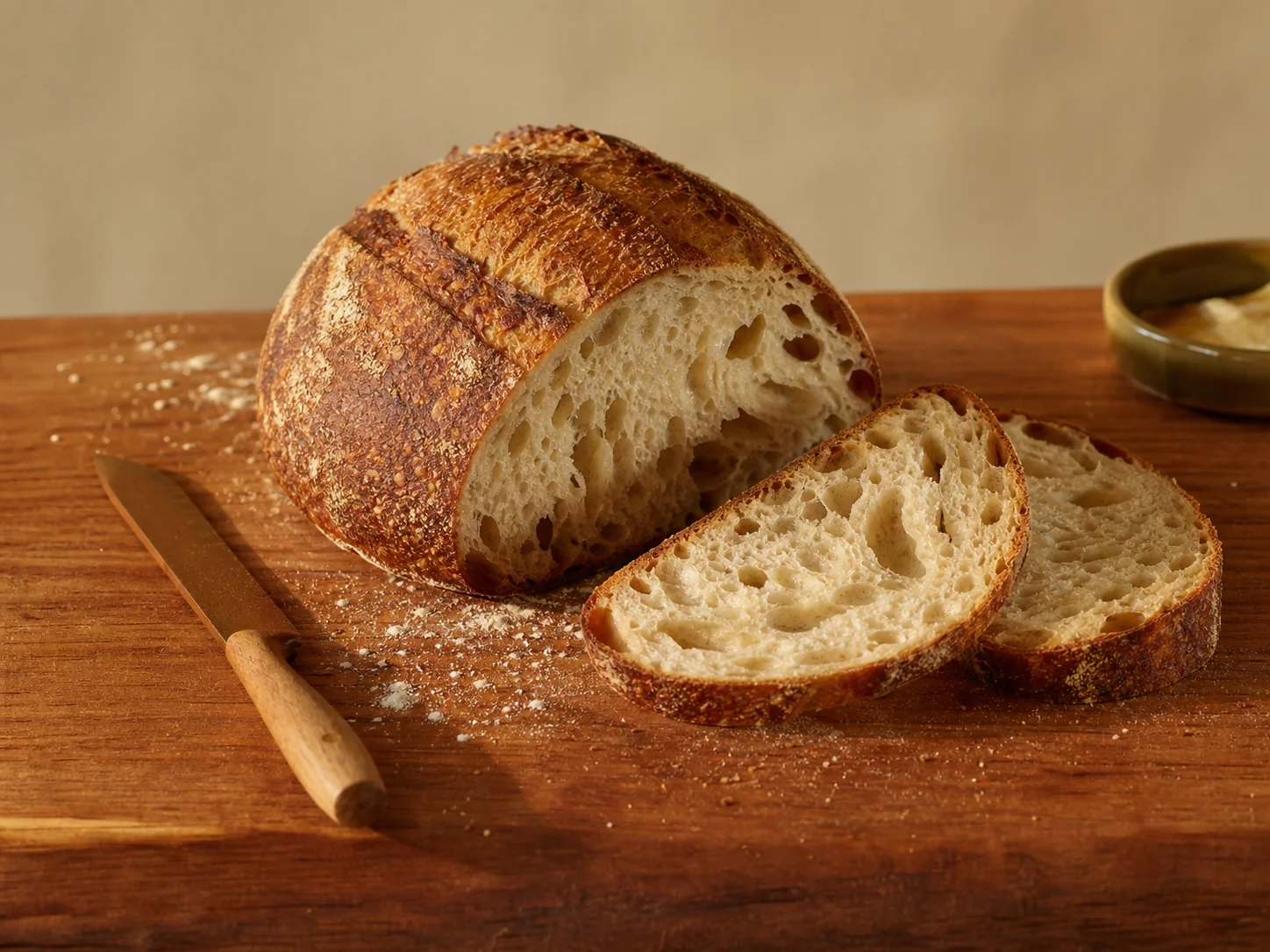 A half-sliced rustic sourdough loaf showing its open crumb on a wooden board.