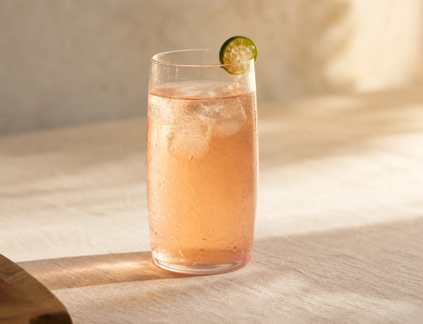 A pink grapefruit and finger lime soda with a finger lime slice on the rim.
