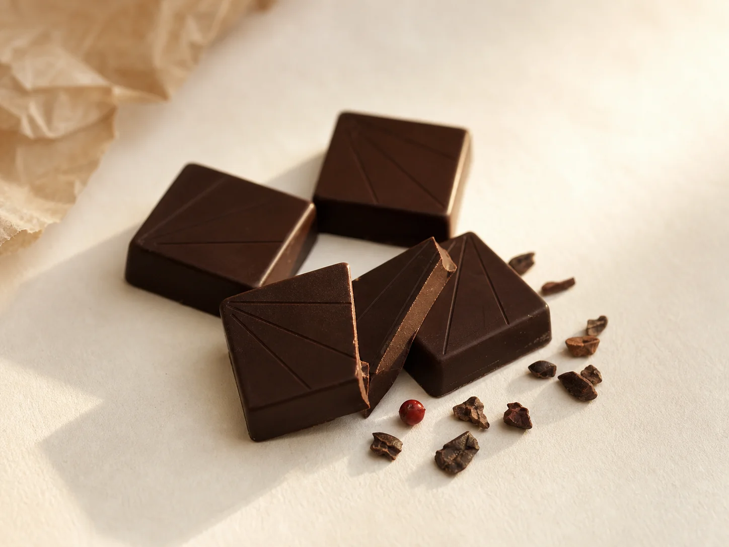 Dark chocolate squares with a Tasmanian pepperberry, a native pairing cue.