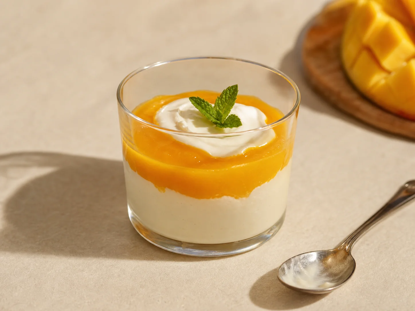 Layered yoghurt with Queensland mango puree in a dessert cup.