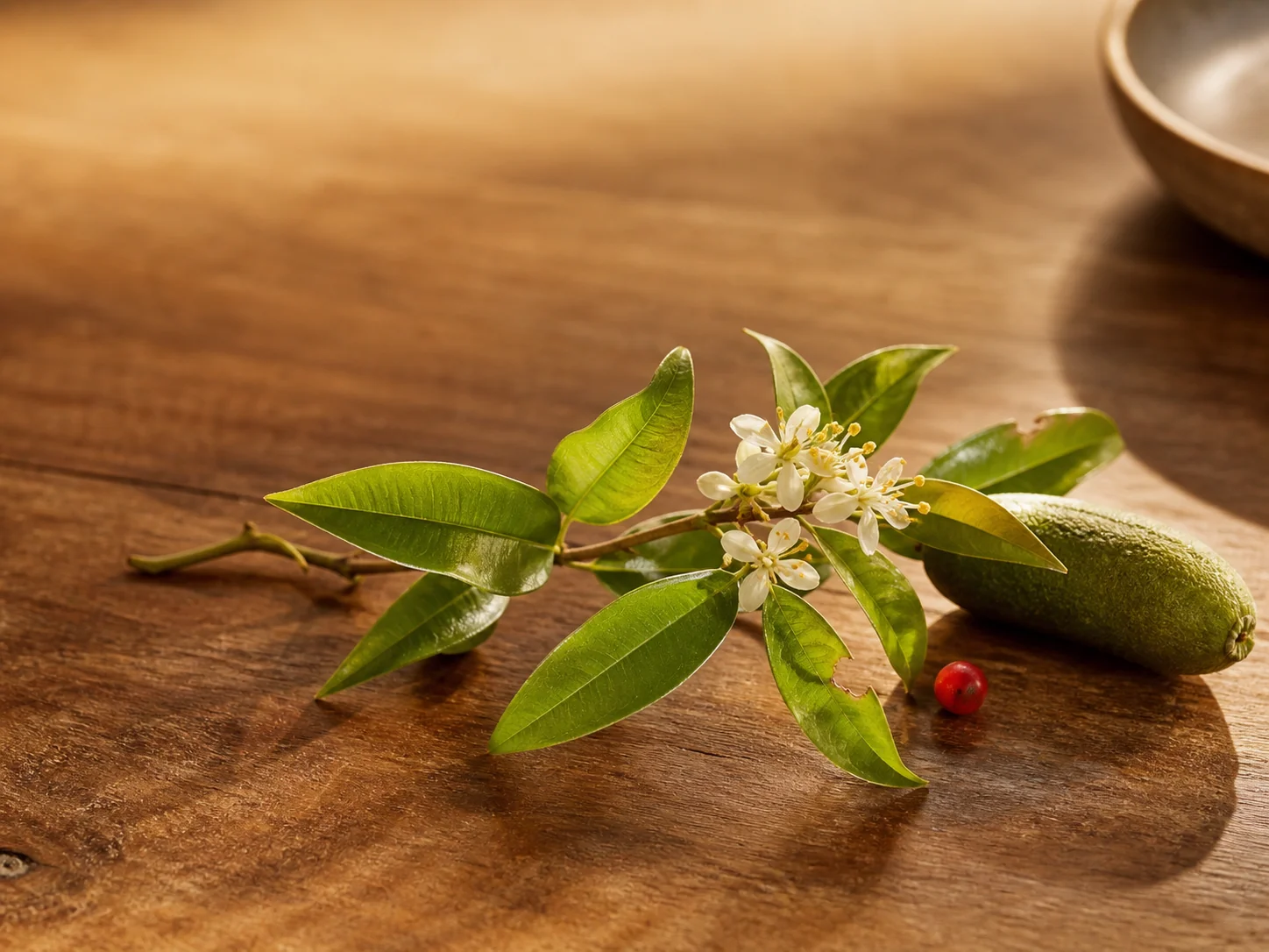 Native lemon myrtle, finger lime and Tasmanian pepperberry on a hardwood board.