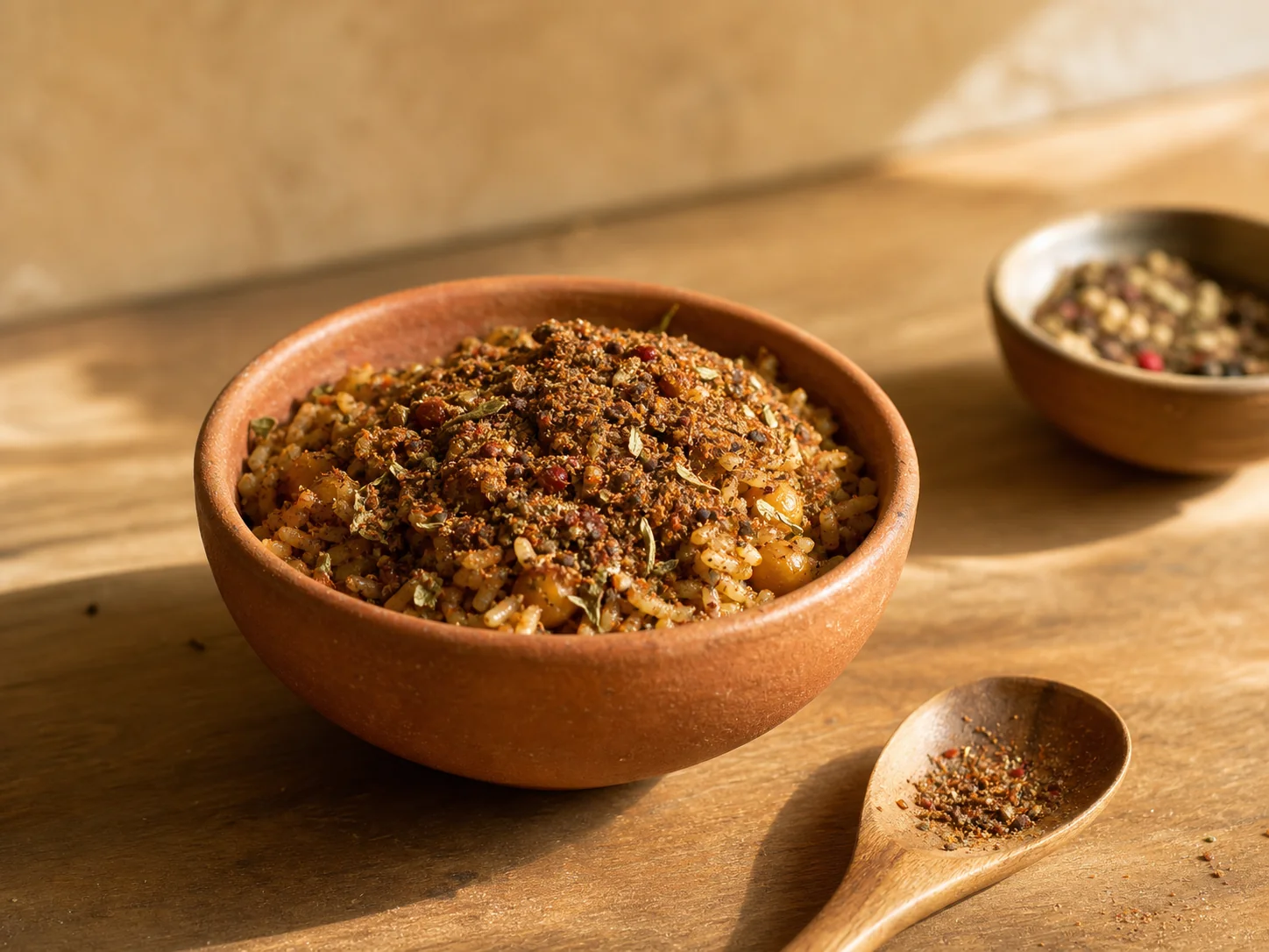 A ceramic bowl of savoury seasoning blend with cracked black pepper, smoked paprika, lemon myrtle and Tasmanian pepperberry.