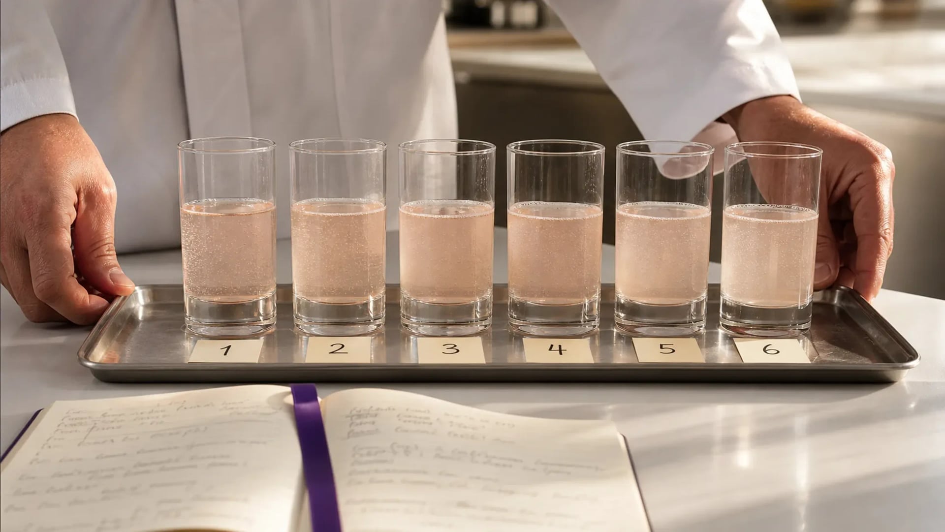 Six tasting glasses laid out for a beverage panel in the VKA Australia application kitchen at Southport