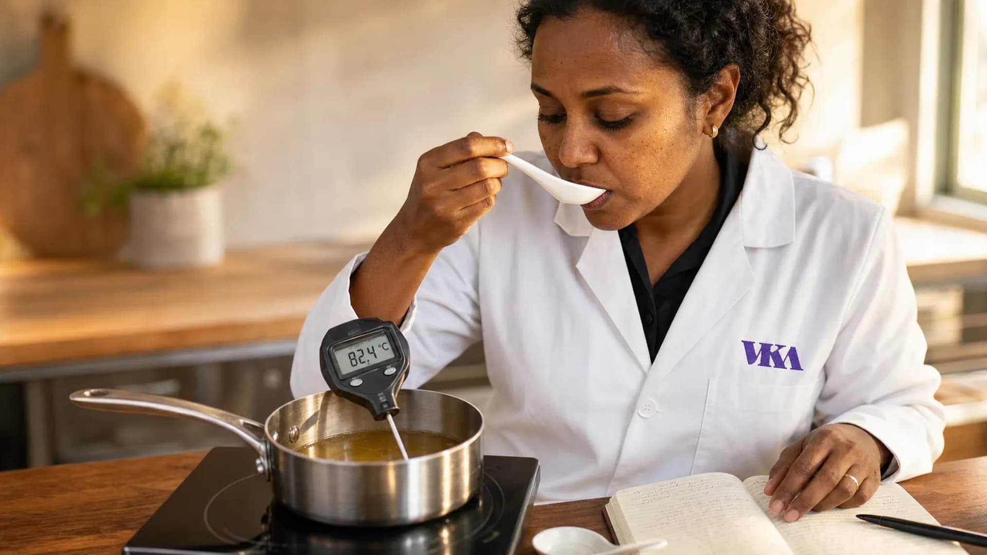 A controlled tasting of a savoury hot soup in the VKA Australia applications kitchen, the kind of high-sodium application that salt-reduction work supports