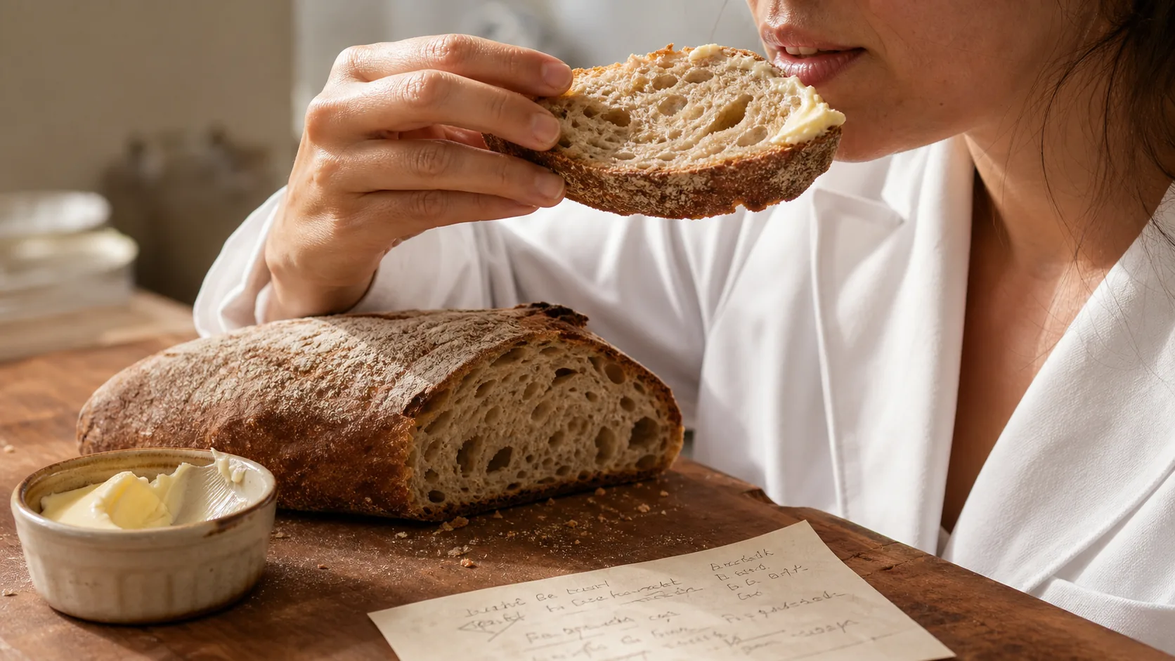 A slice of baked loaf on a wooden board on the VKA Australia application bench, tasted for flavour carry-through.