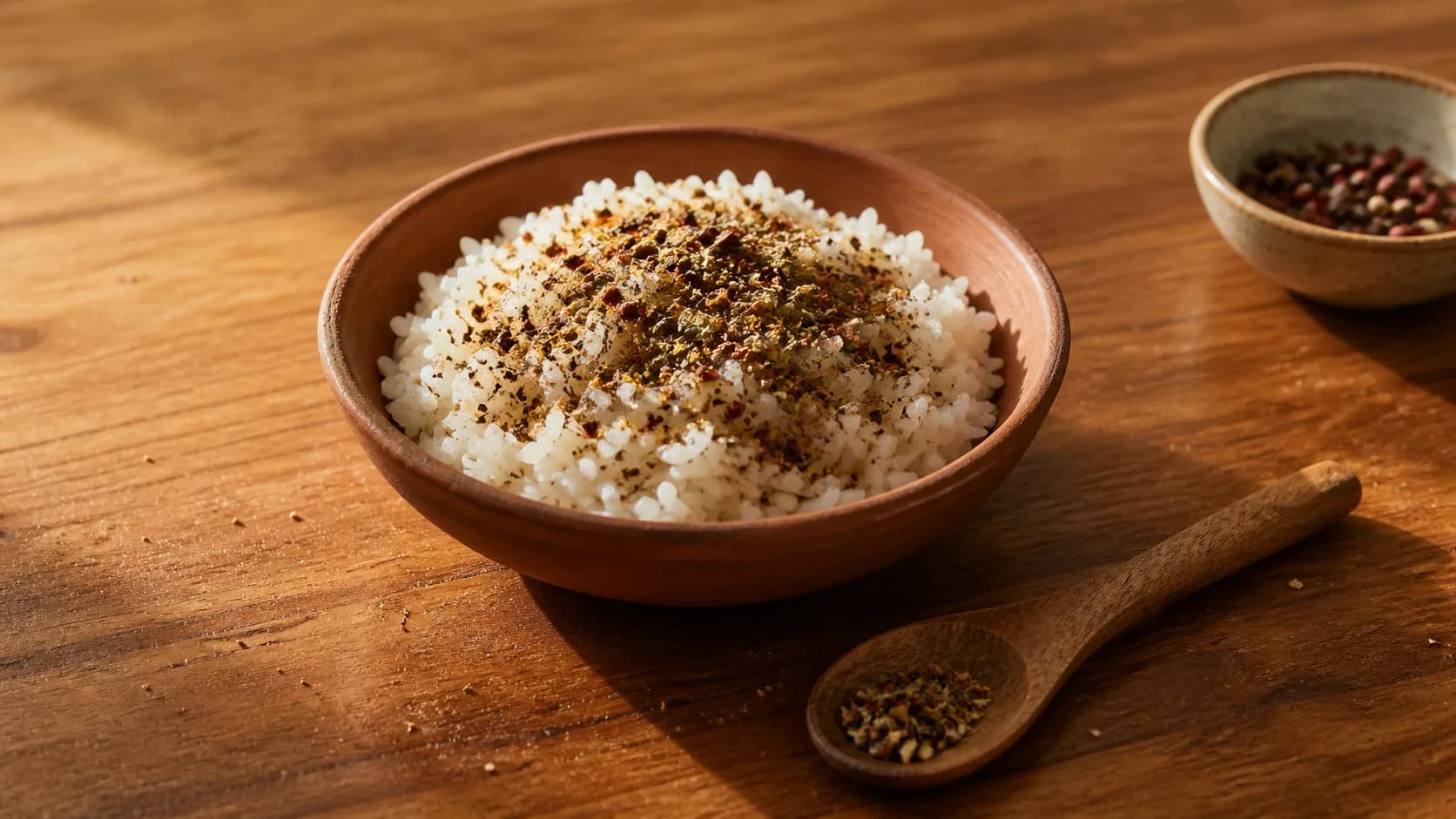A bowl of cooked rice topped with a savoury seasoning blend of lemon myrtle and pepperberry on the Southport bench.