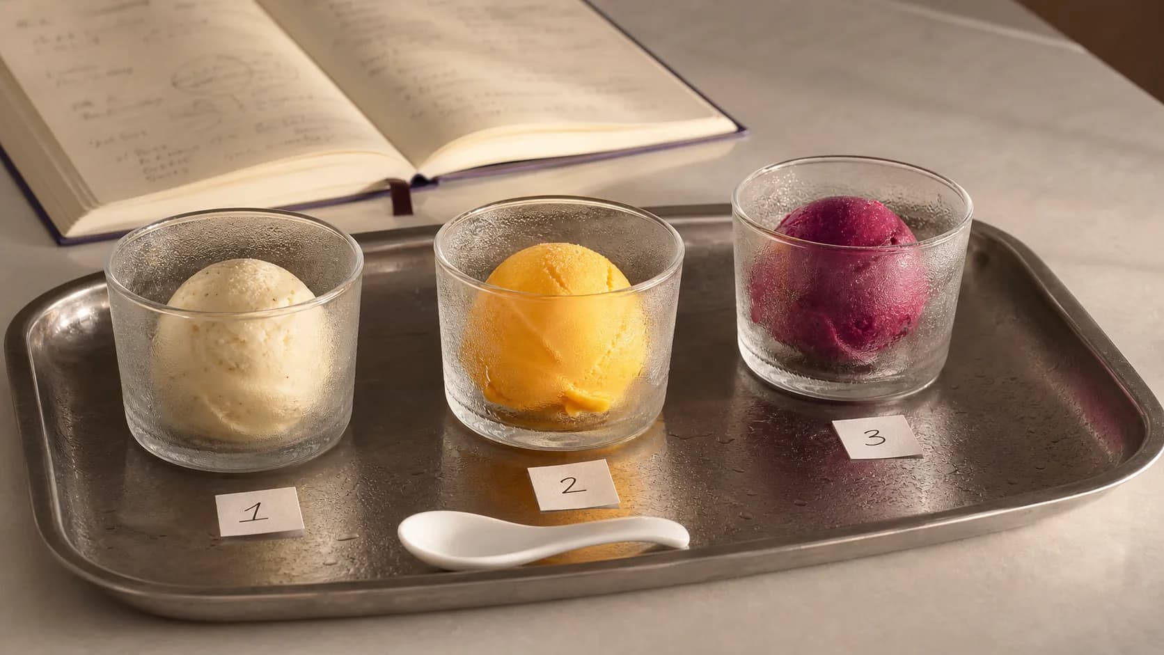 Three gelato scoops in vanilla, mango and Davidson plum labelled for a VKA Australia application tasting.