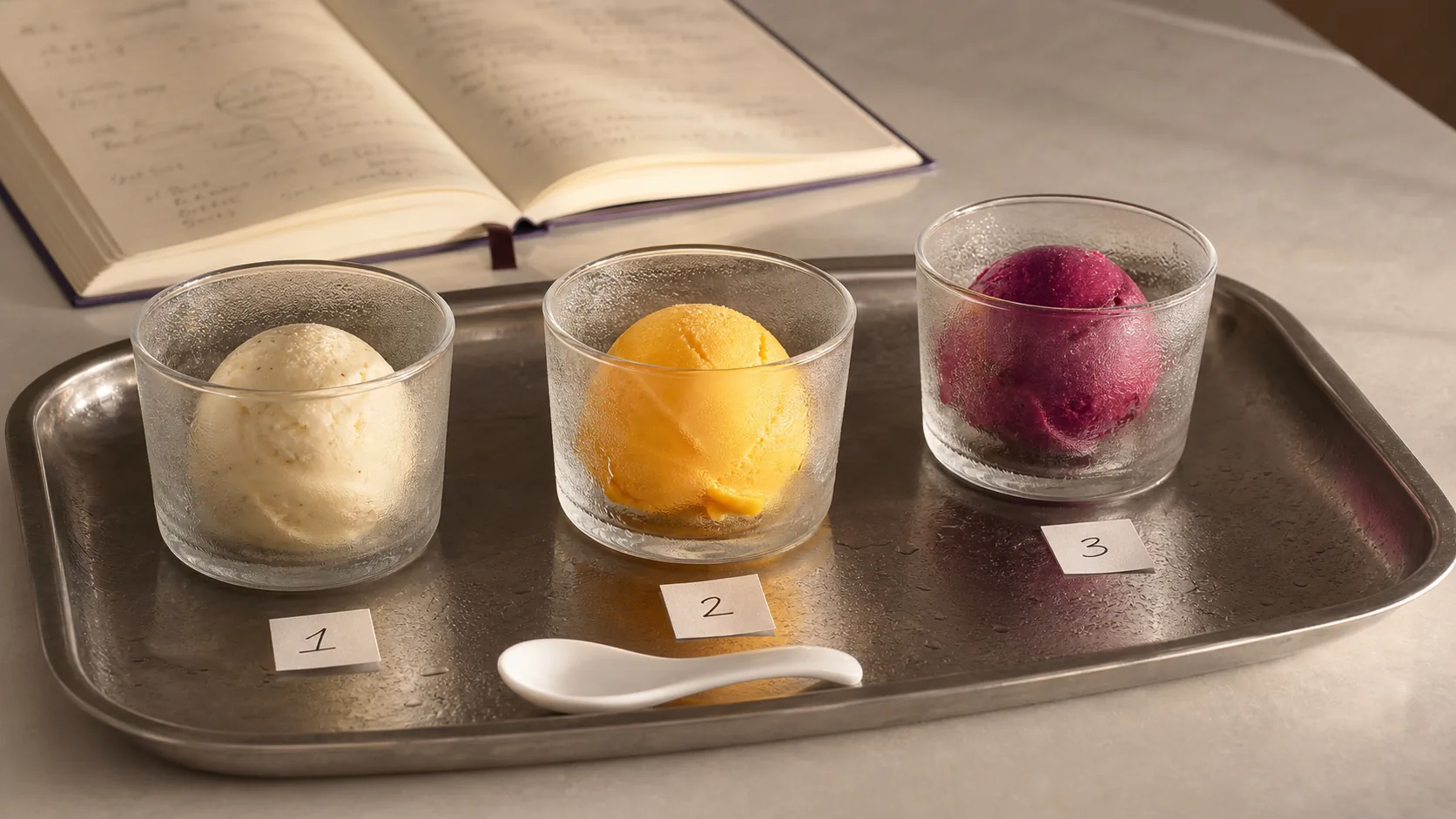 Three scoops of frozen gelato lined up for sensory comparison, slight melt on the spoons.