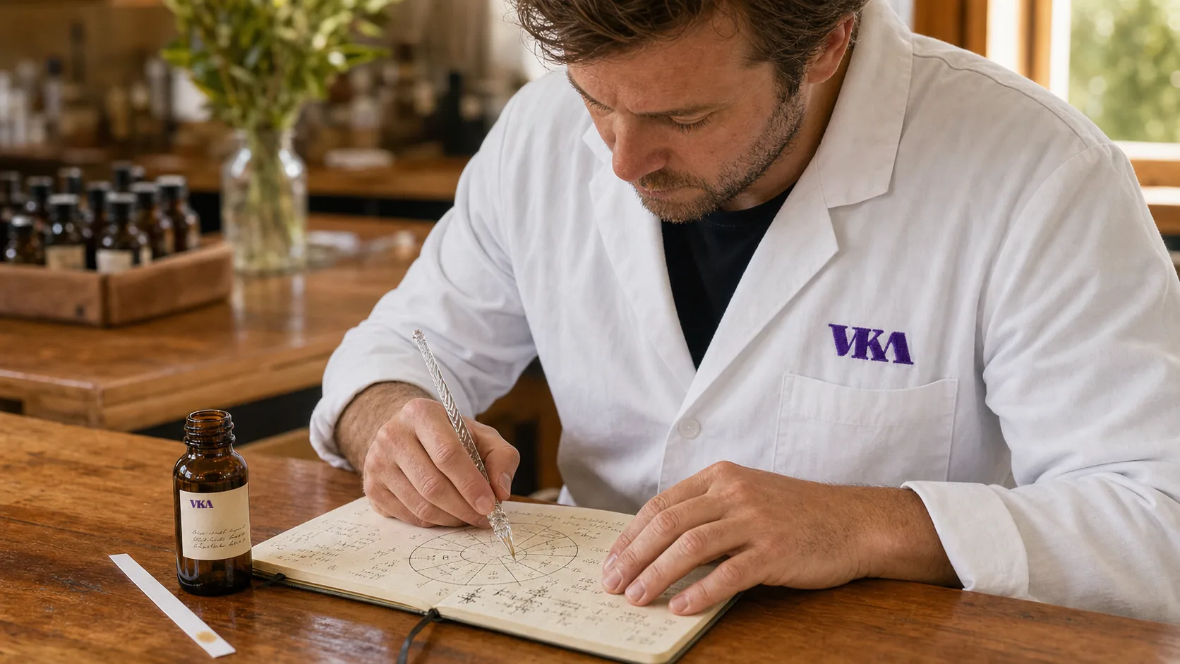 A flavourist's hand sketching a target profile on a flavour wheel diagram beside an open brief at the VKA Southport bench.
