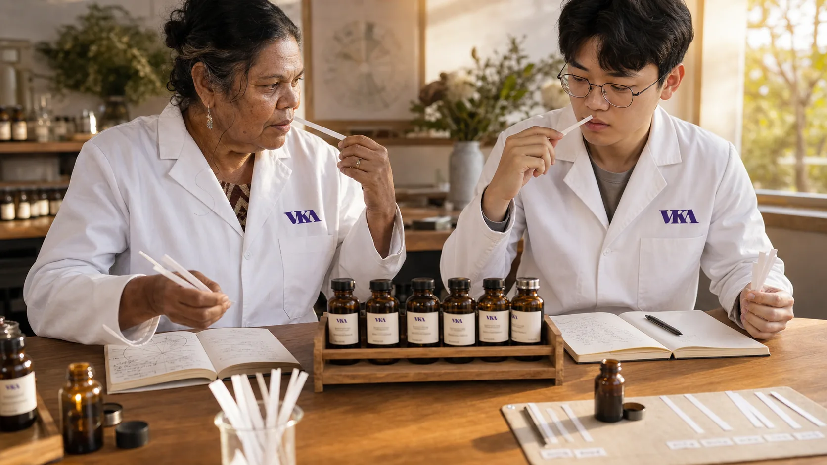 Two VKA Australia flavourists at the Southport bench, each evaluating their own smelling strip side by side.