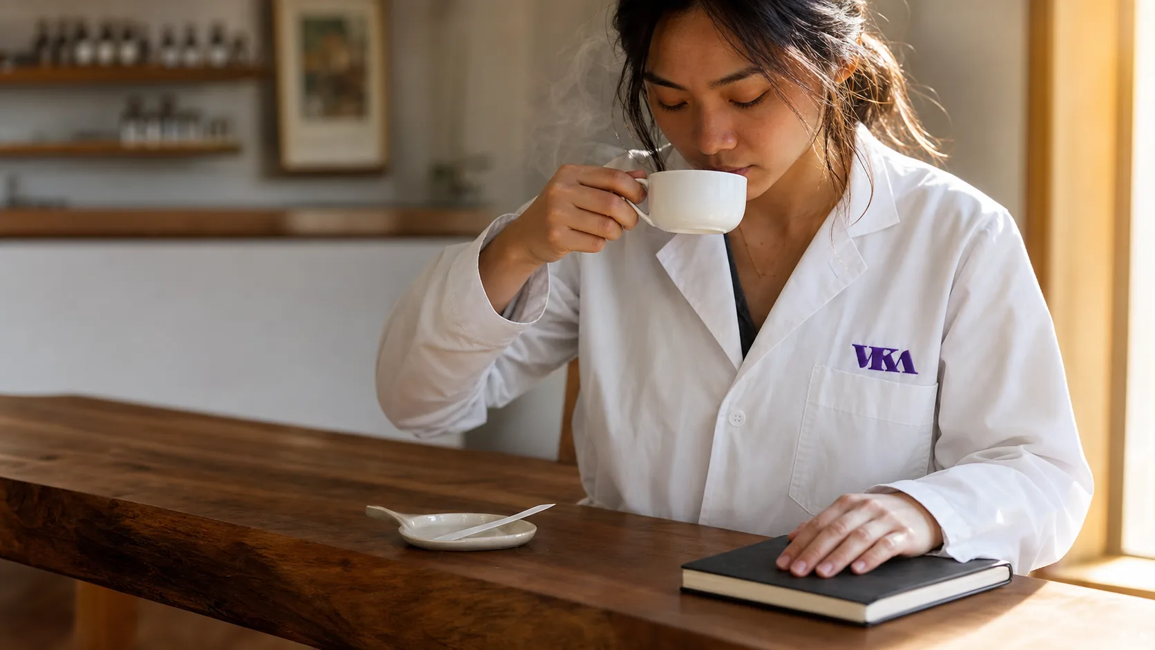 A VKA flavourist between trials at the Southport bench, lifting a mug of tea, notebook closed at her hand.