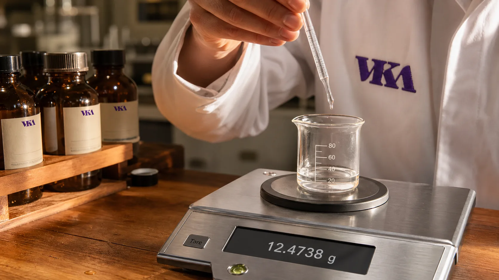 A glass pipette delivering an increment of concentrate into a clean beaker on a four-decimal analytical balance at the Southport compounding bench