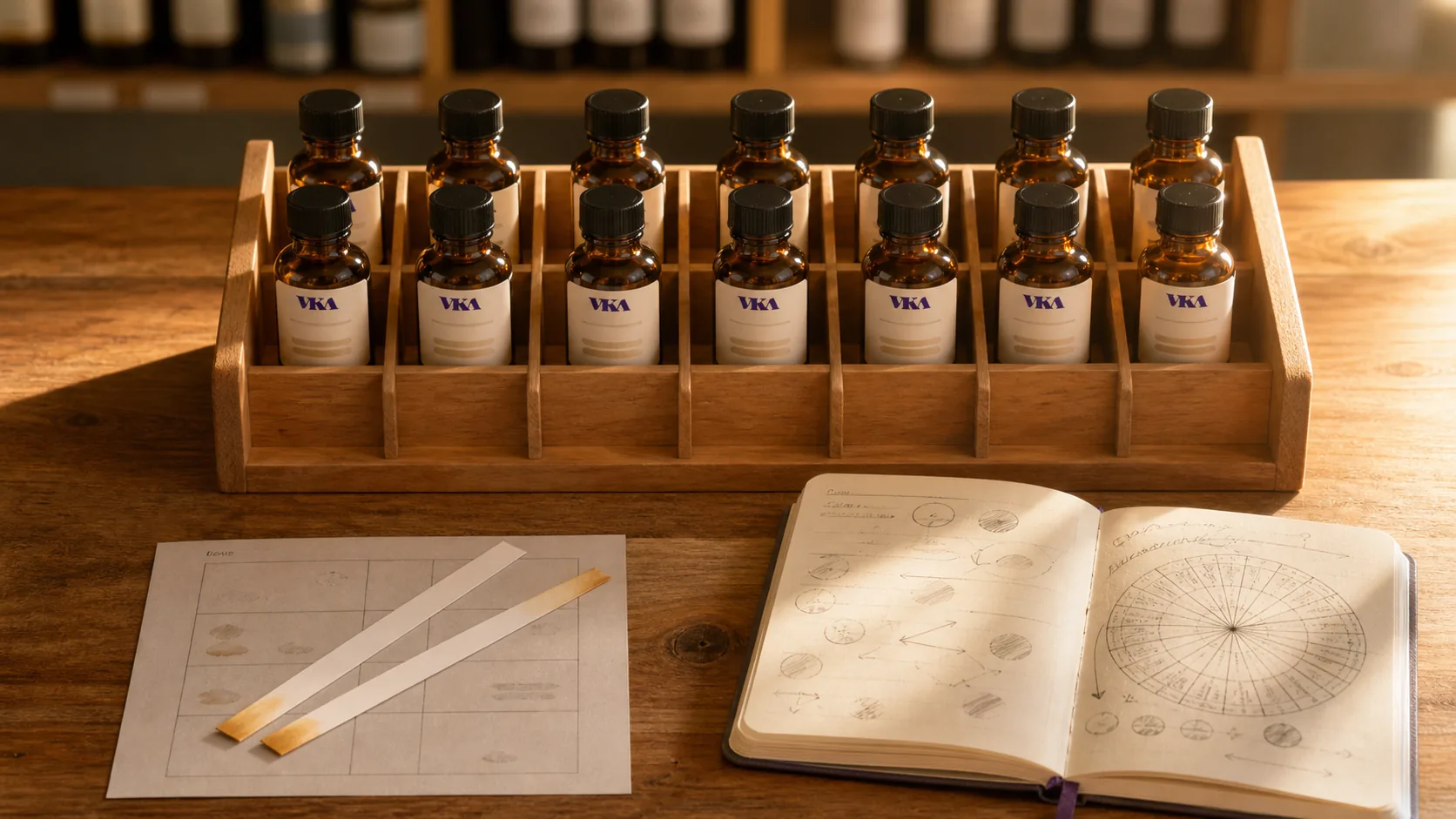 A wooden bench rack at VKA Southport holding eighteen 30 mL amber sample bottles in three neat rows of six.