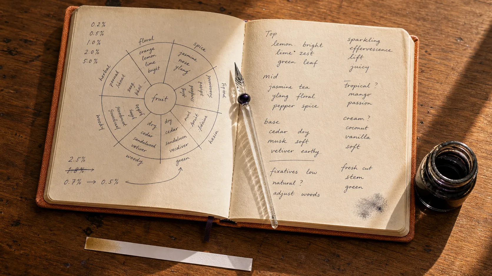 Hand-written formulation notebook open on the Southport bench, weights and notes for a working flavour.