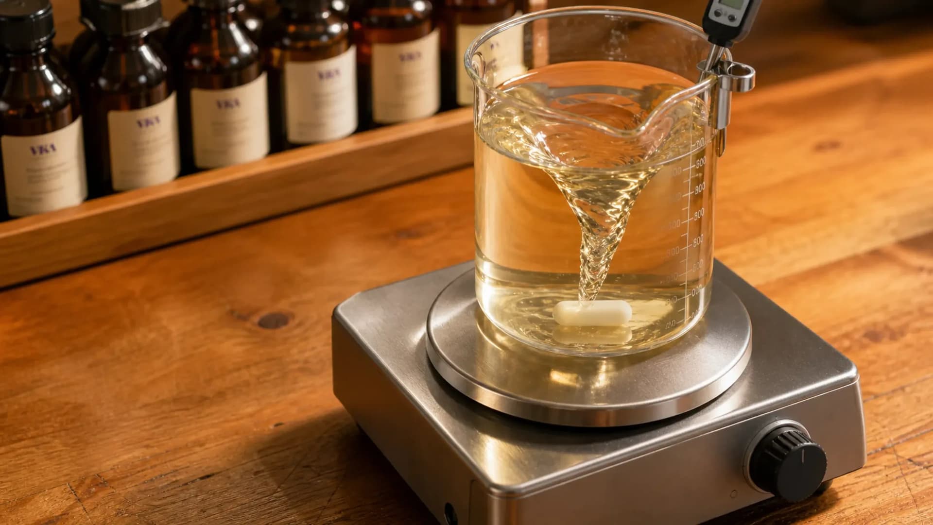 A magnetic stir-plate and stir-bar dispersing a flavour blend on the VKA Australia compounding bench, the workhorse mix step behind masking trials