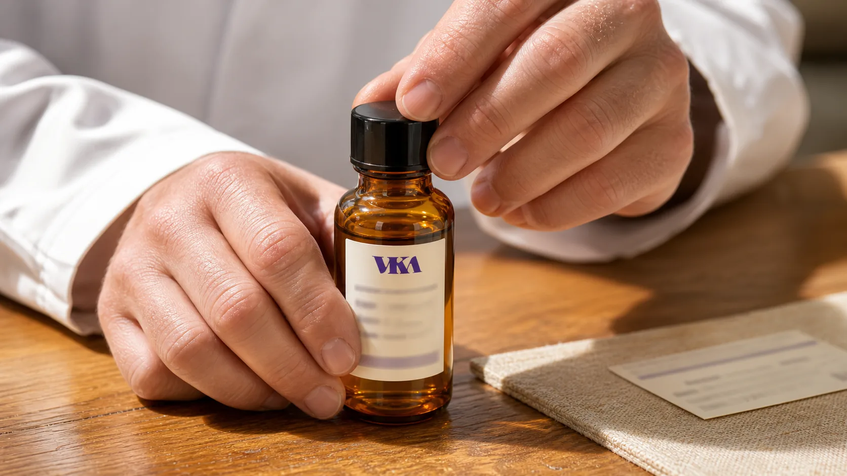 Finished VKA-labelled amber sample bottle, capped and sealed, ready to ship from Southport.