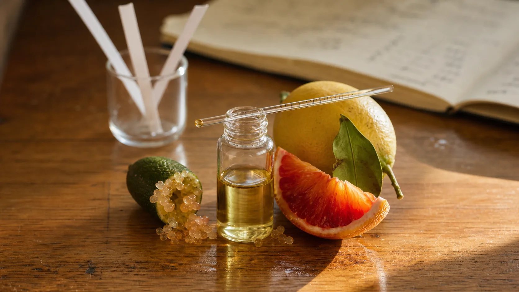 A vial of citrus essence beside a halved finger lime, blood-orange wedge and lemon on the Southport application bench.