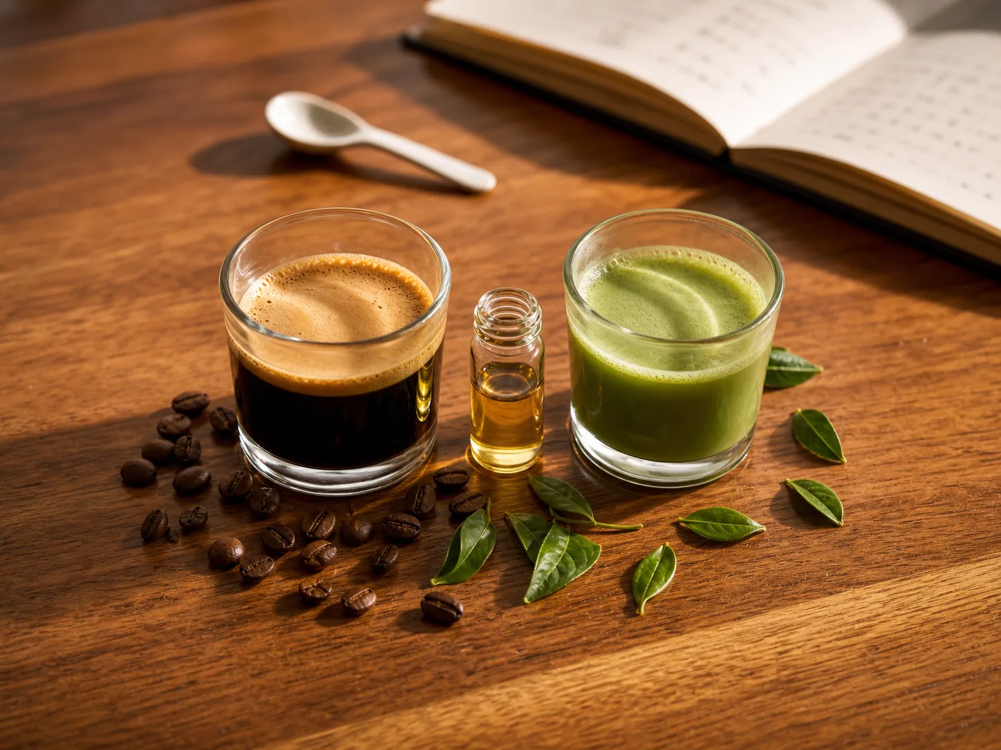 Espresso and matcha beside a coffee and tea essence vial on the Southport application bench.