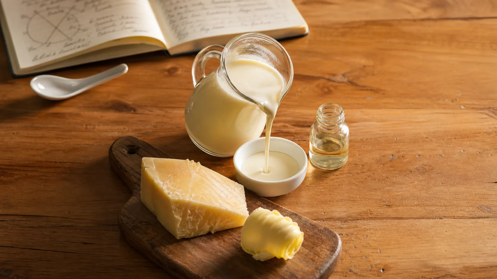 Cream, aged cheese, butter and a dairy essence vial on the Southport application bench.