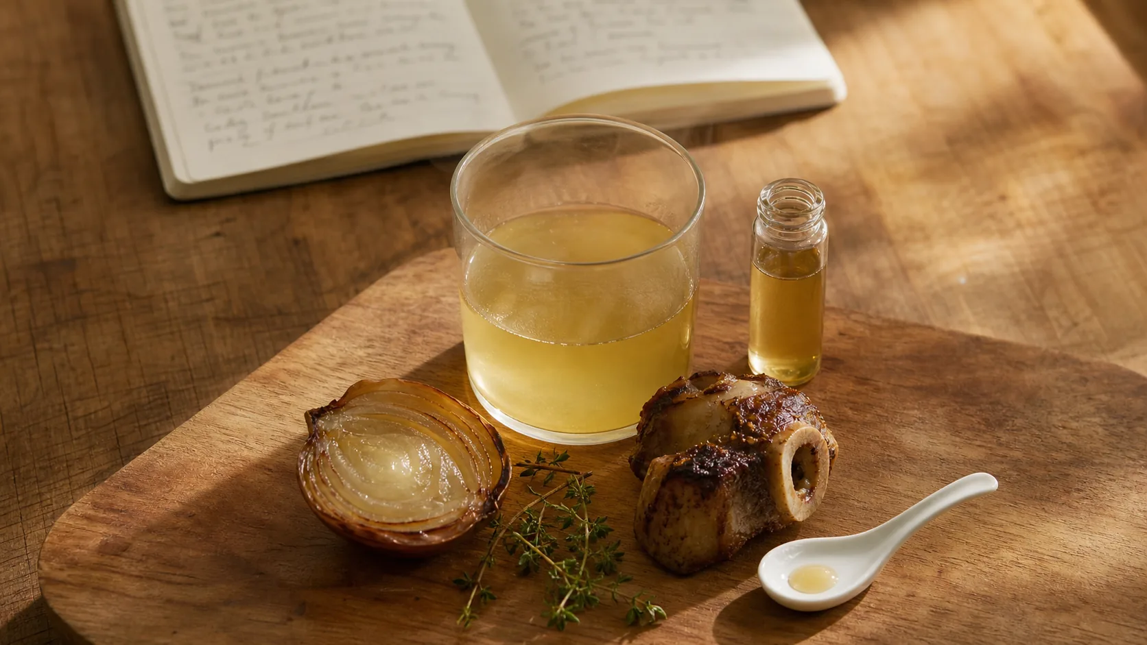 Clarified stock, a savoury essence vial, roasted onion and thyme on the Southport application bench.