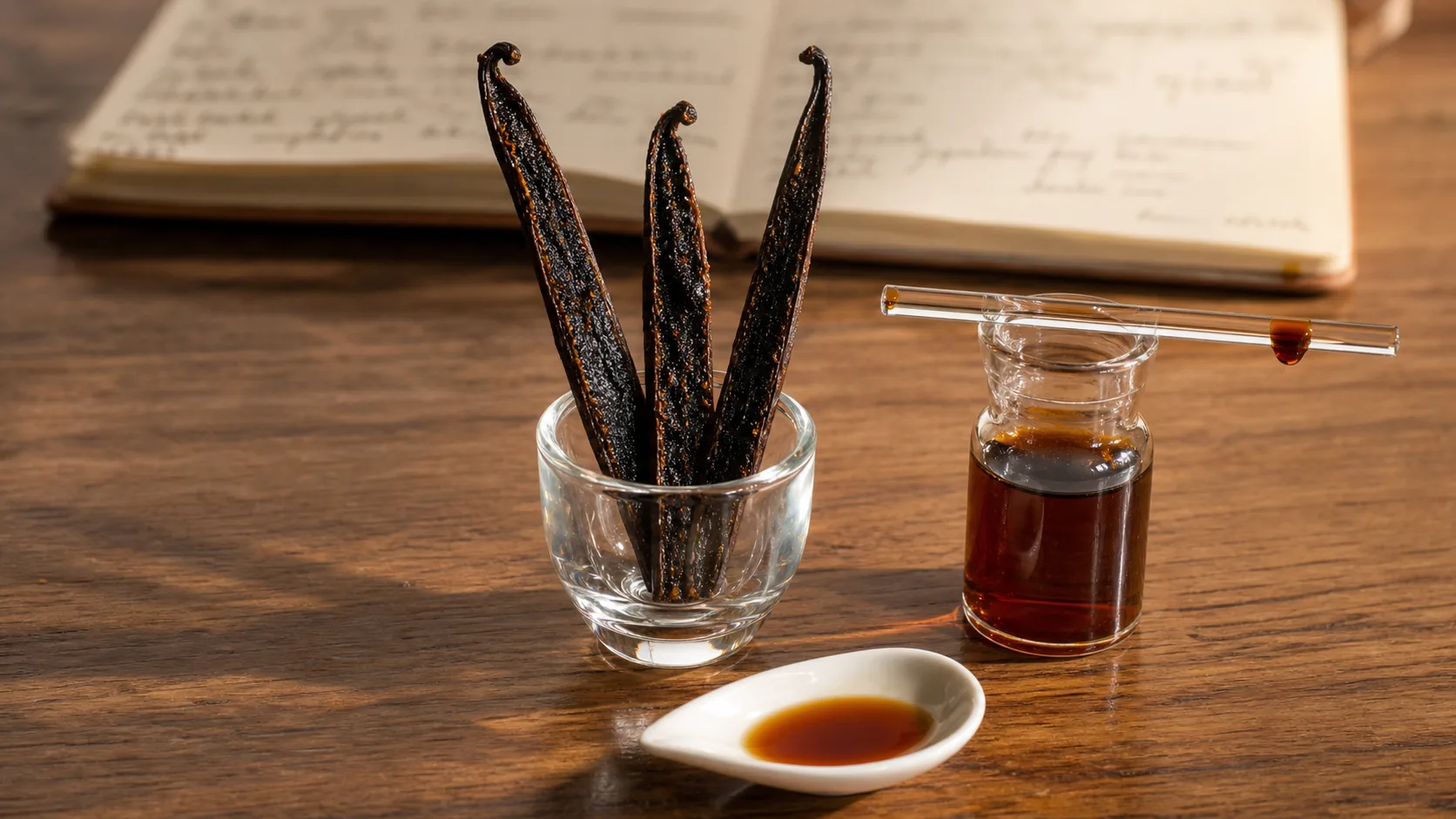 Madagascan vanilla pods and a vial of amber vanilla extract on the Southport application bench.