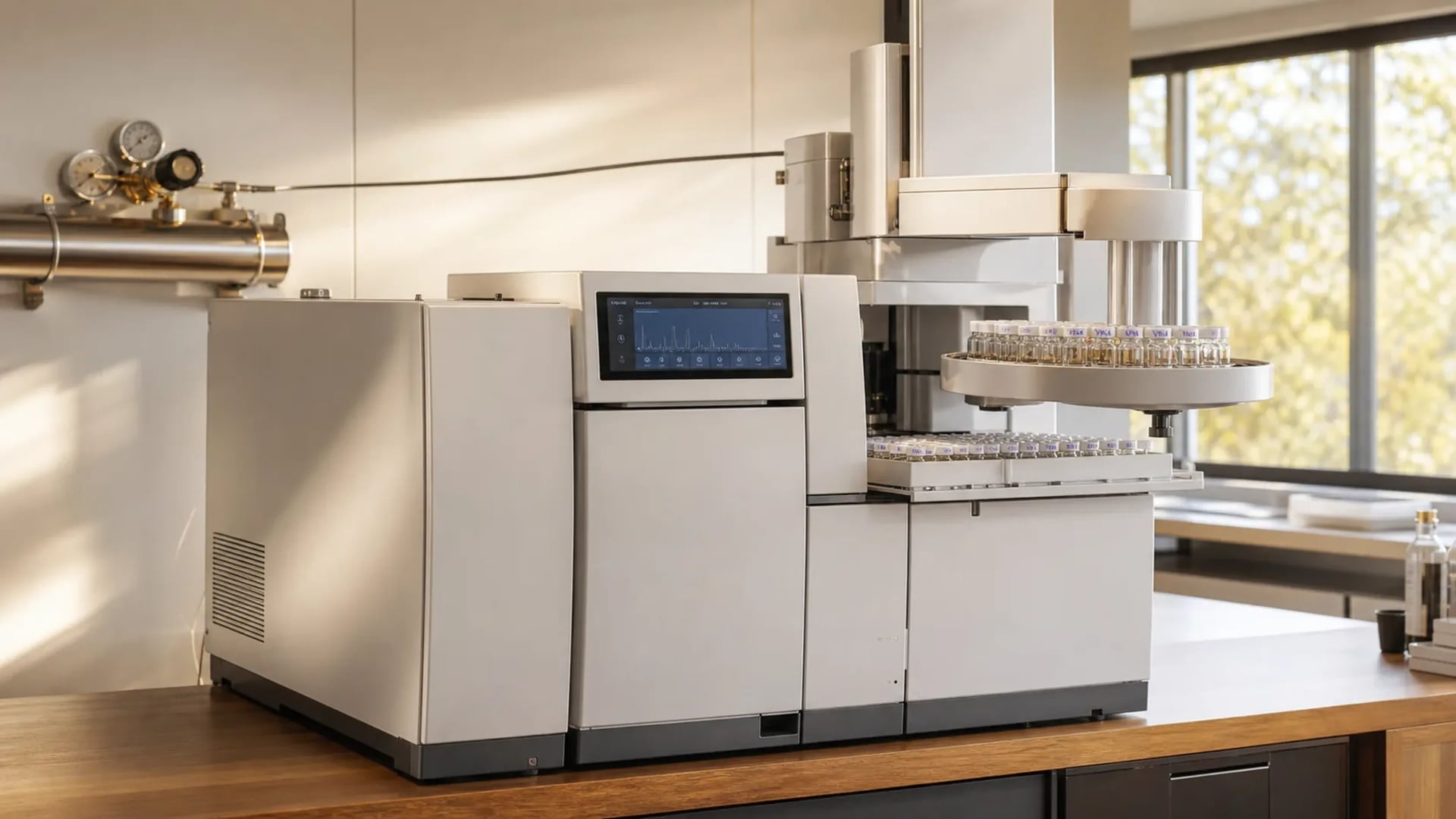 A GC-MS instrument in the VKA Southport analytical lab, sample vial loaded in the autosampler tray, ready for a flavour-component run.