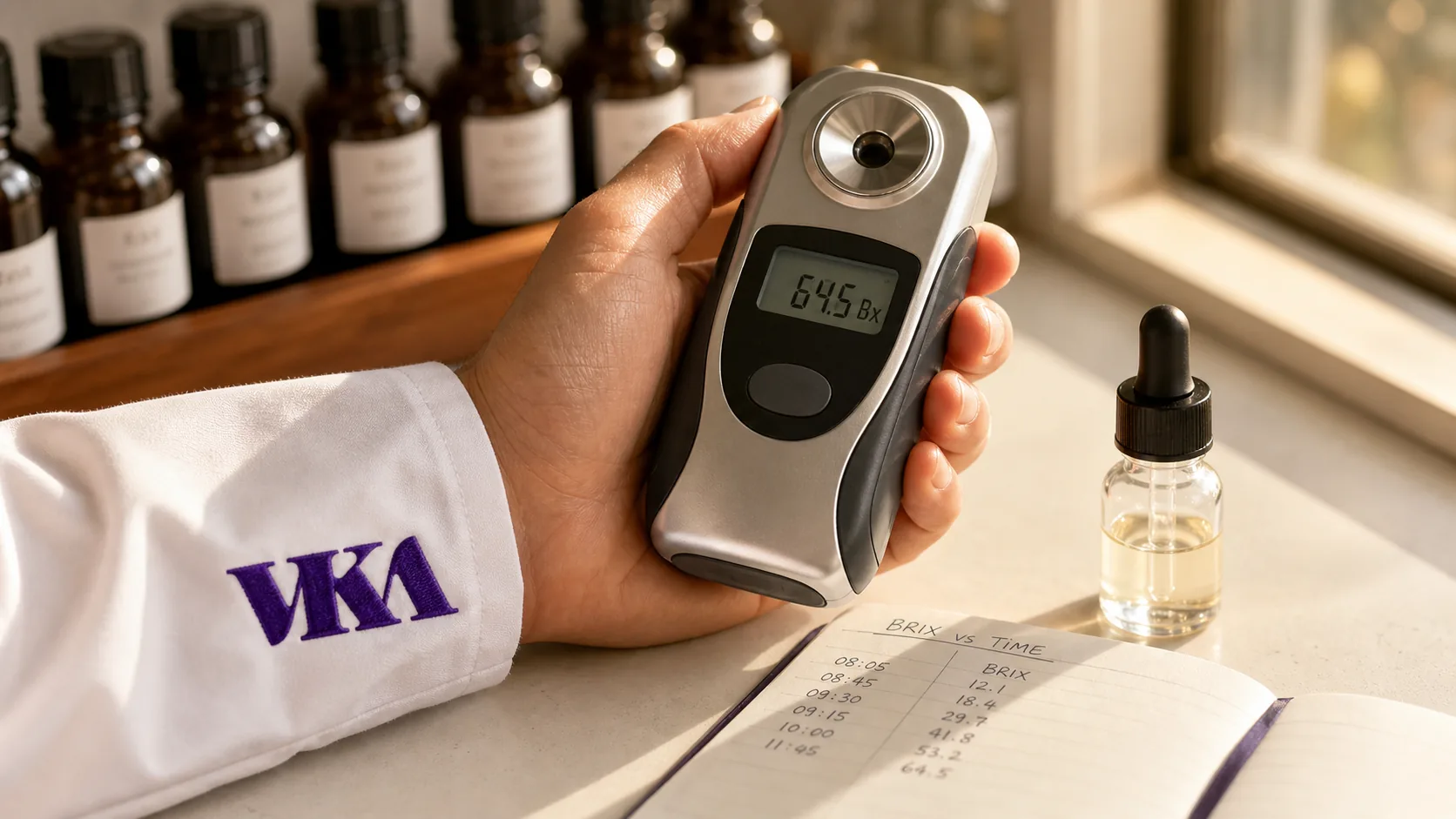 A flavourist reading a digital refractometer on the Southport bench, checking a sample's refractive index for batch-to-batch consistency.