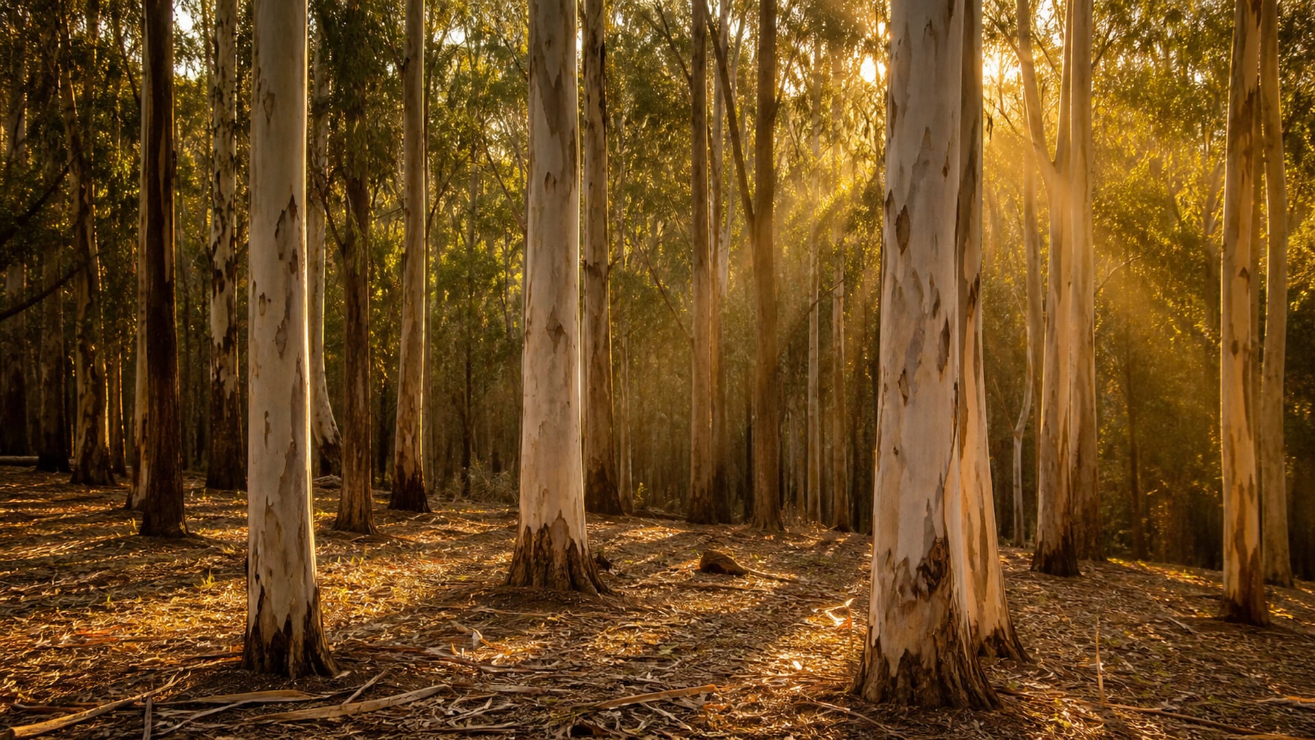 Eucalypt forest in the Gold Coast hinterland at golden hour, the country VKA Australia draws on.