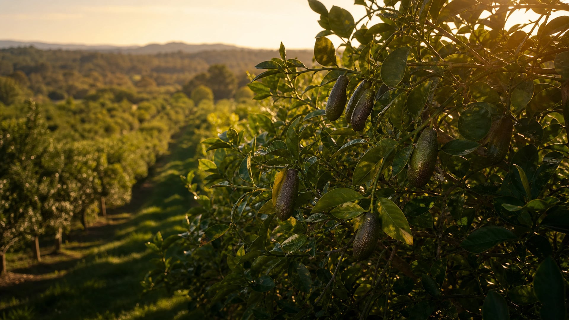 early-morning rows of sub-tropical citrus trees at Mooloolah on the Sunshine Coast, ripe fruit in soft golden light, the kind of grove that feeds Australian citrus flavour work.