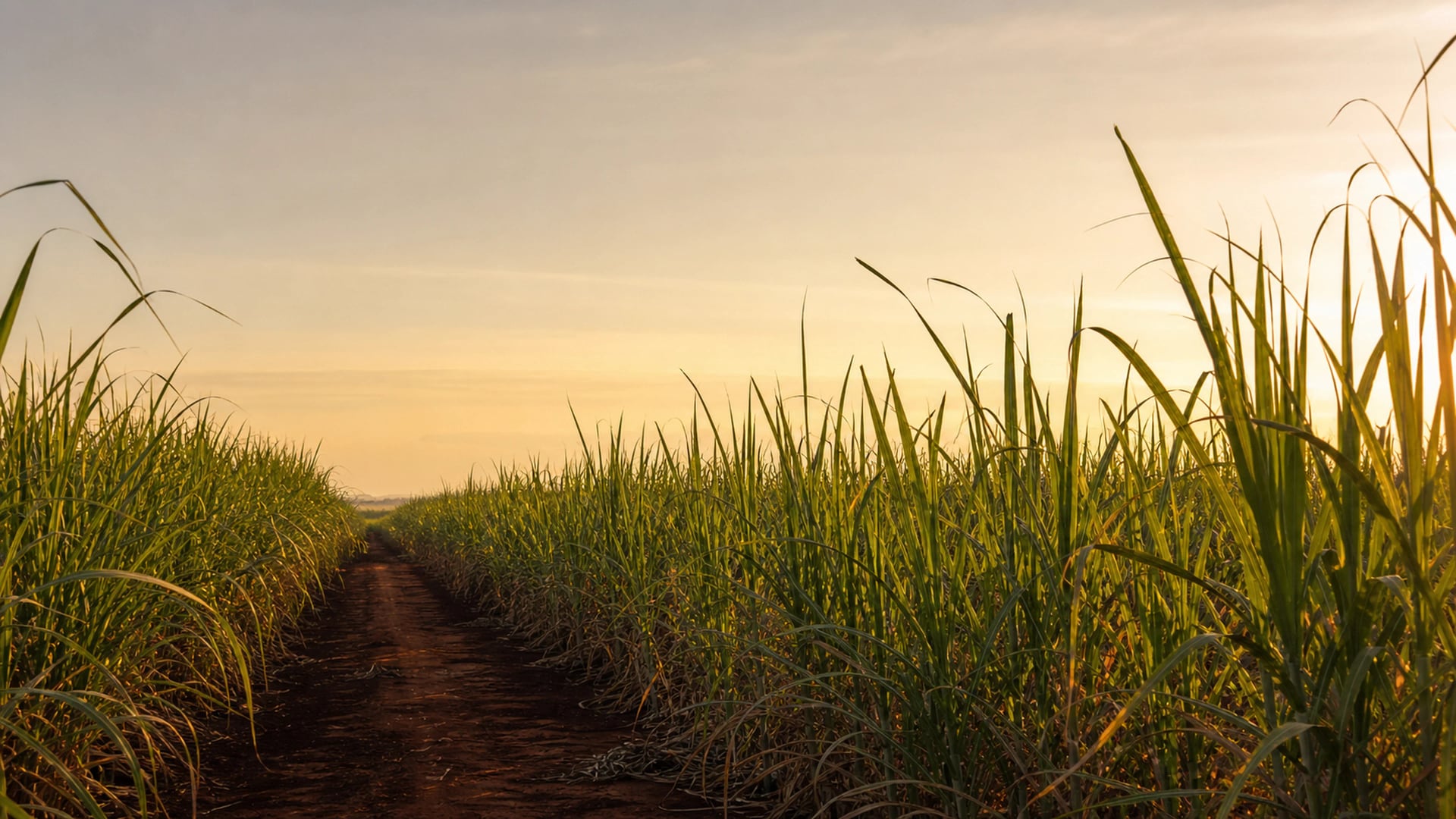 A Queensland cane paddock near Bundaberg at late golden hour, long warm light across the rows, a working Australian landscape behind the Southport bench.