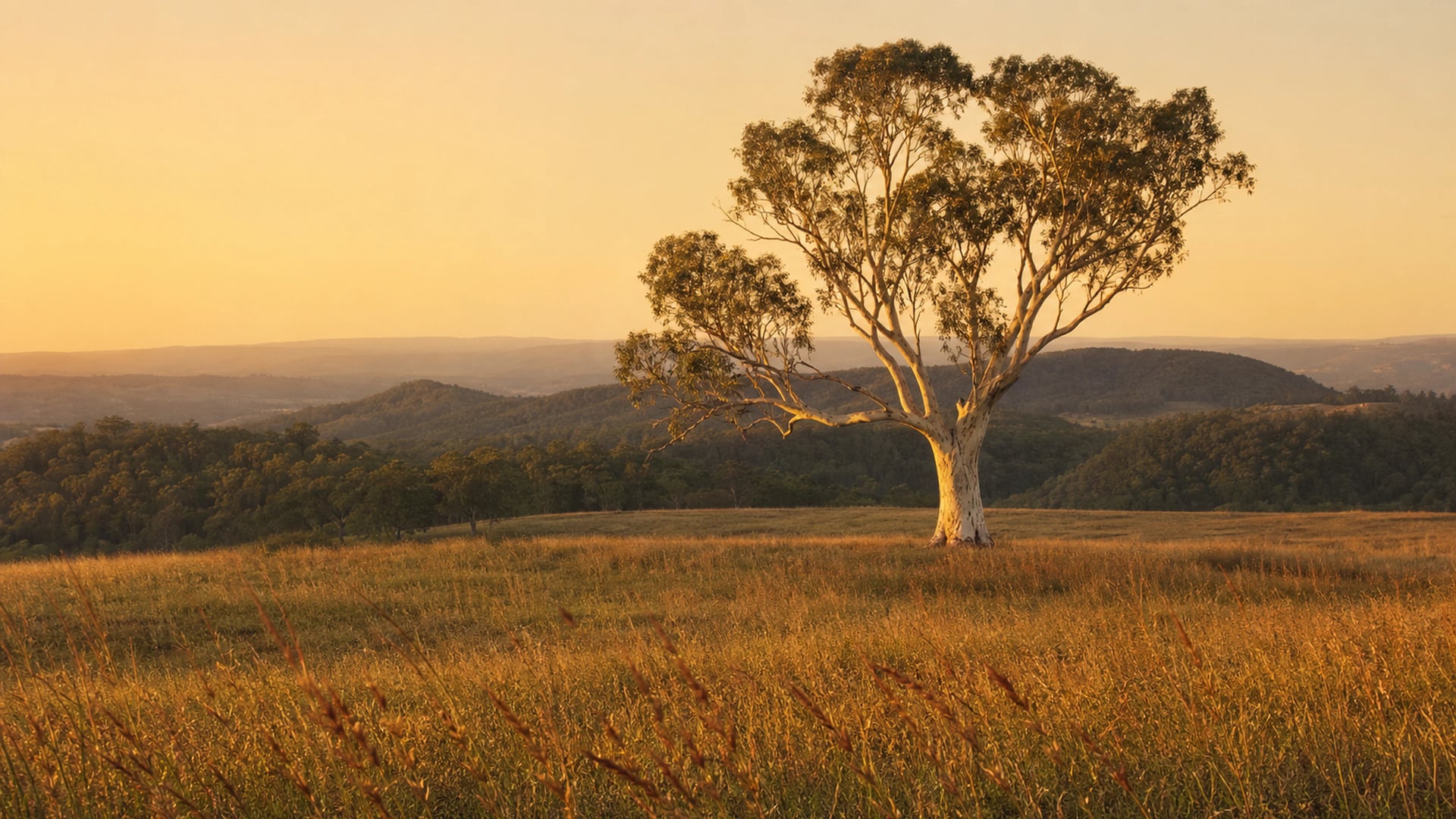 Gold Coast hinterland paddock with a spotted gum at golden hour, the Queensland country VKA Australia develops flavour for