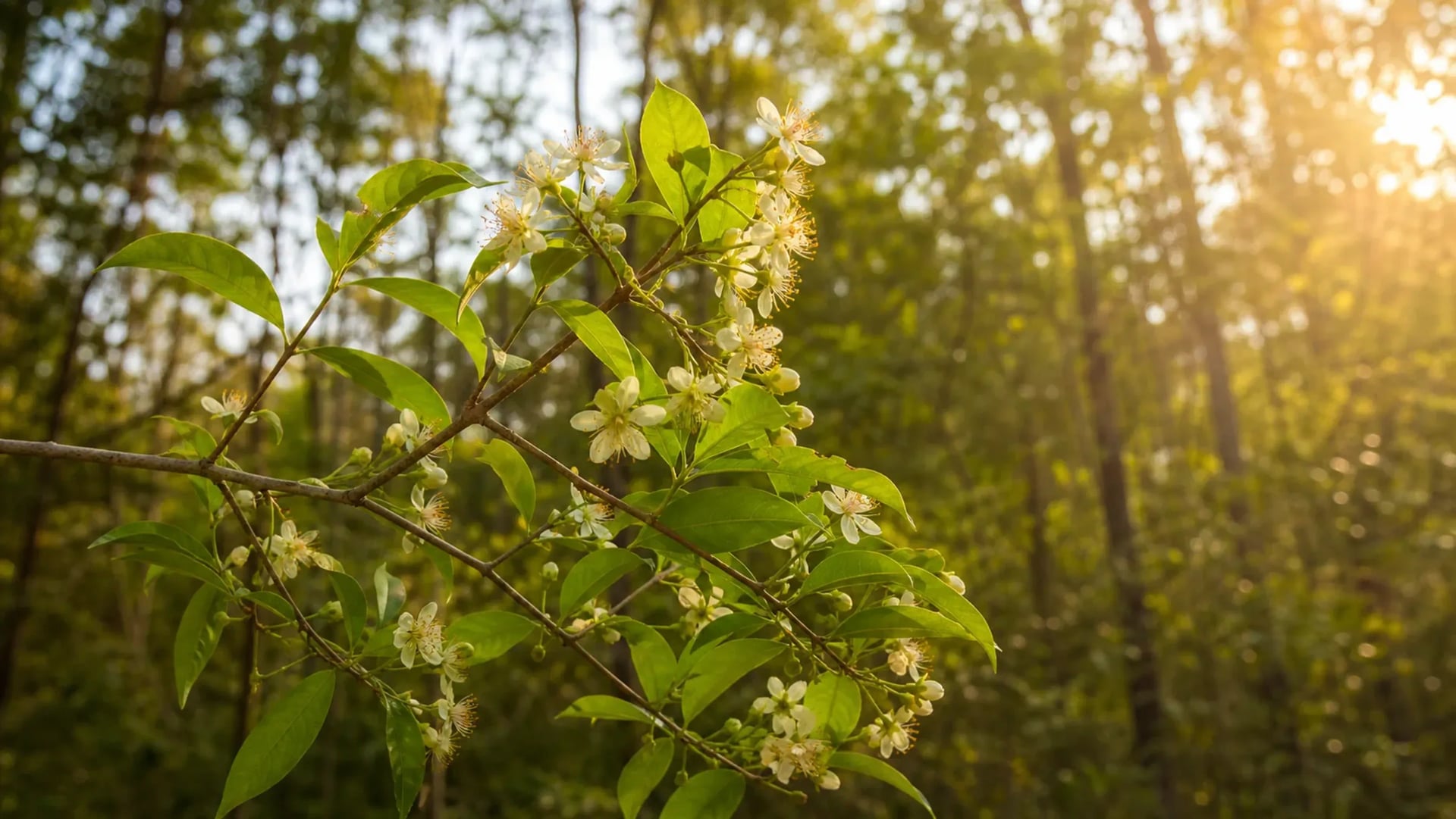 A lemon myrtle branch in flower, fine cream-white blossoms against glossy lance-shaped leaves