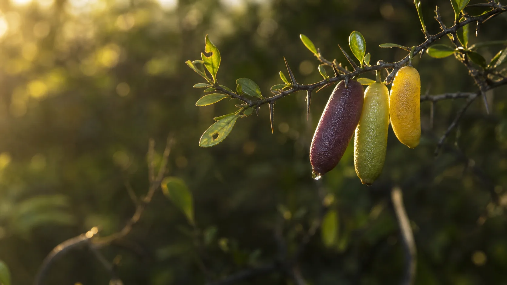 Cluster of fresh green Australian finger limes hanging from a Northern New South Wales branch, the long fingertip-shaped fruit catching sub-tropical light.